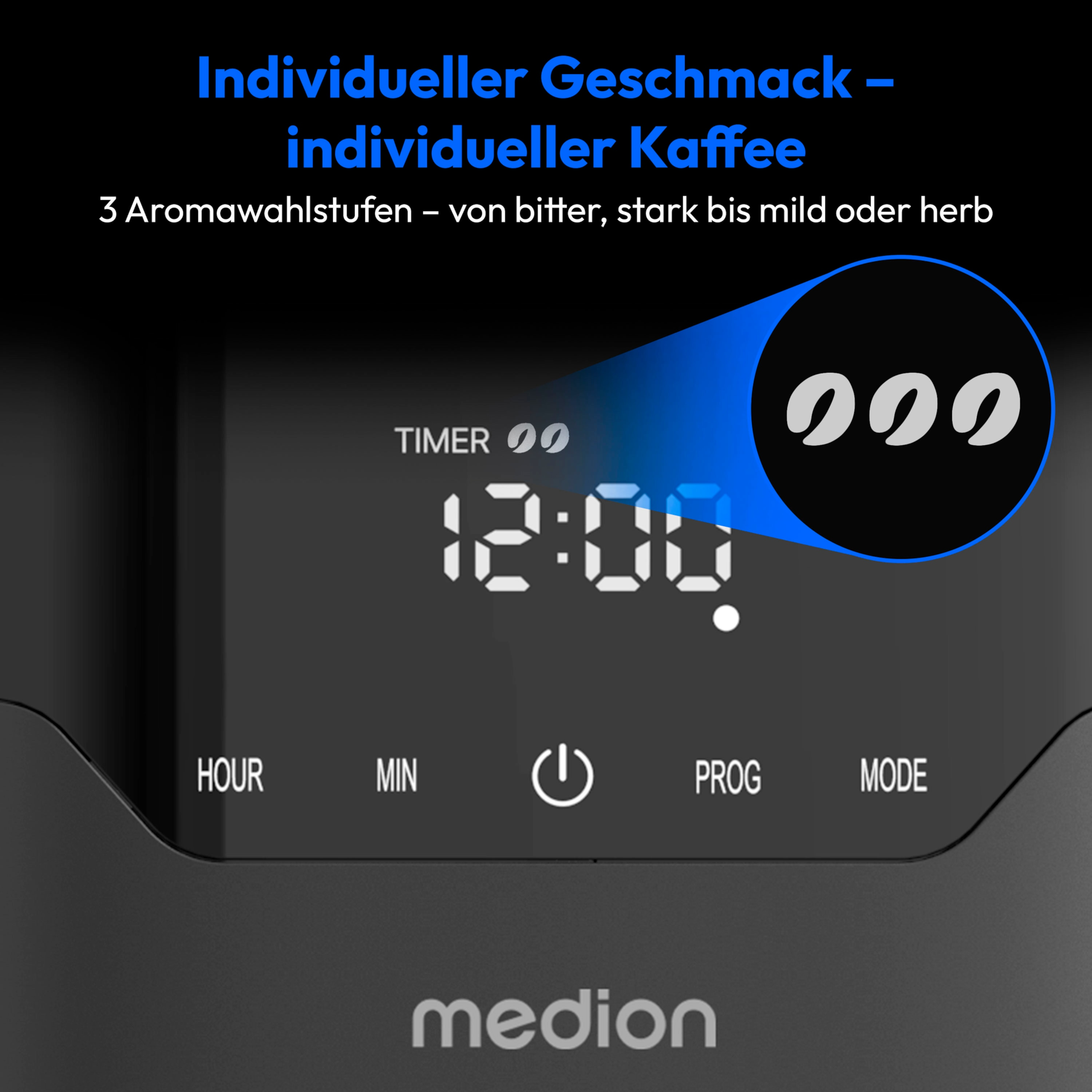 Nahaufnahme des Displays einer Kaffeemaschine. Der Timer zeigt 12:00 mit einer Taste zur Auswahl der Aromastufen.