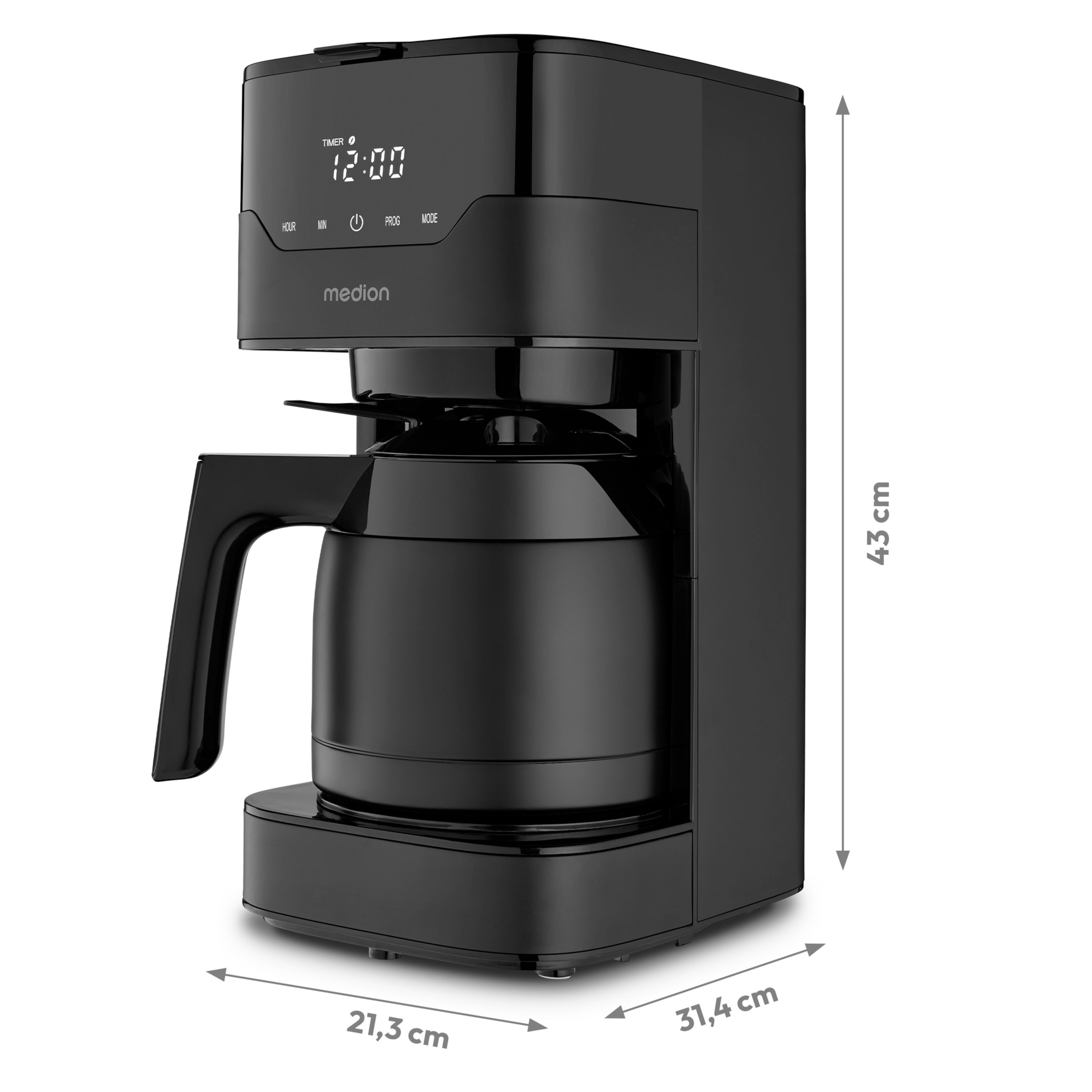 Eine schwarze Kaffeemaschine mit beschrifteten Abmessungen und Digitalanzeige mit 12:00 Uhr.