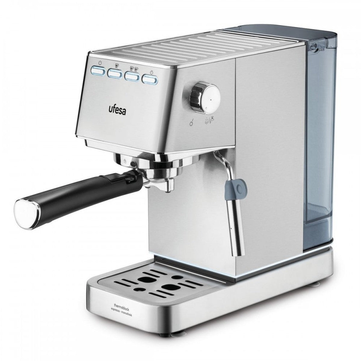 Cafetera espresso plateada con asa negra y varilla de vapor. Tiene un depósito de agua a la derecha.
