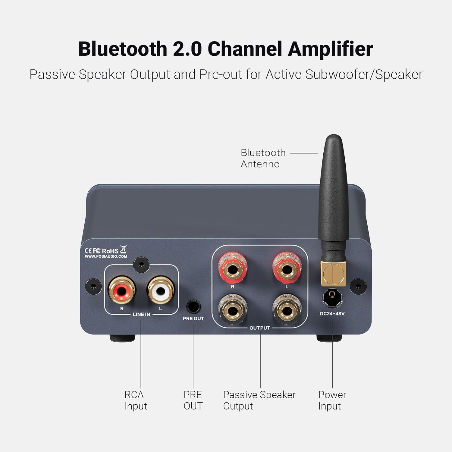Vue arrière d'un amplificateur Bluetooth noir et gris. Montre les entrées RCA, les sorties et l'entrée d'alimentation.