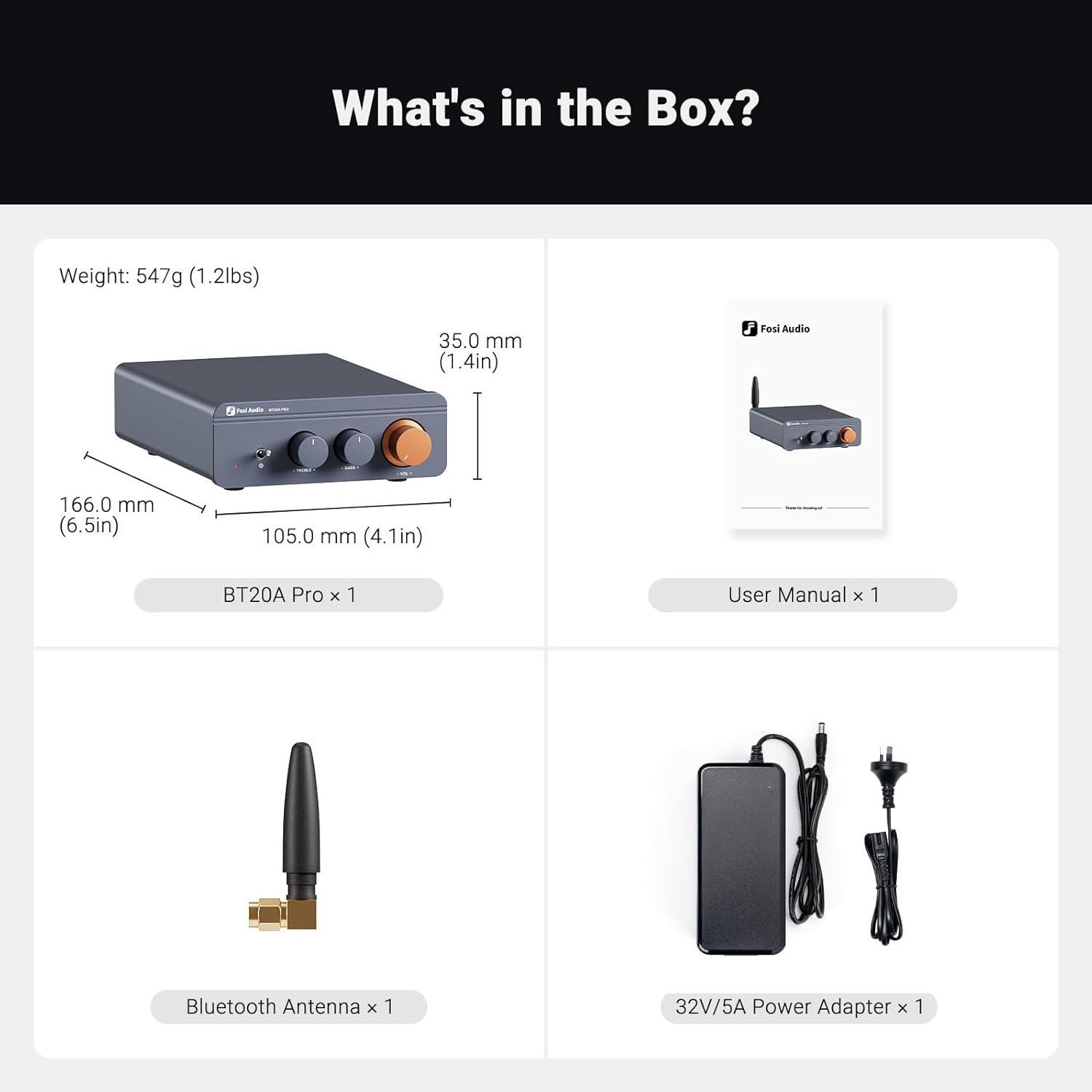 Contenu de la boîte : amplificateur Bluetooth, adaptateur secteur, antenne Bluetooth et manuel d'utilisation, avec dimensions.
