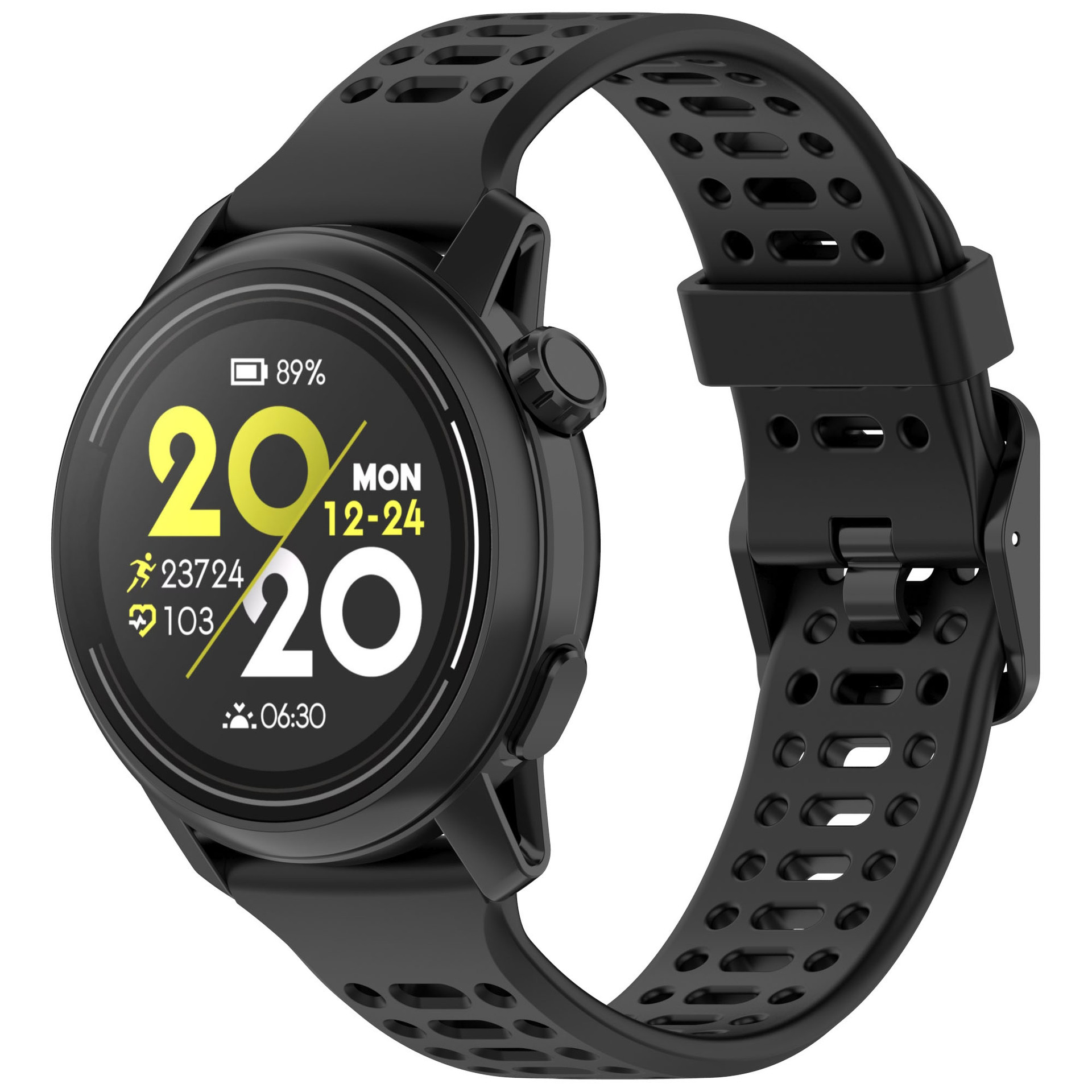 Smartwatch nero che mostra data, ora e conteggio dei passi sul suo schermo.