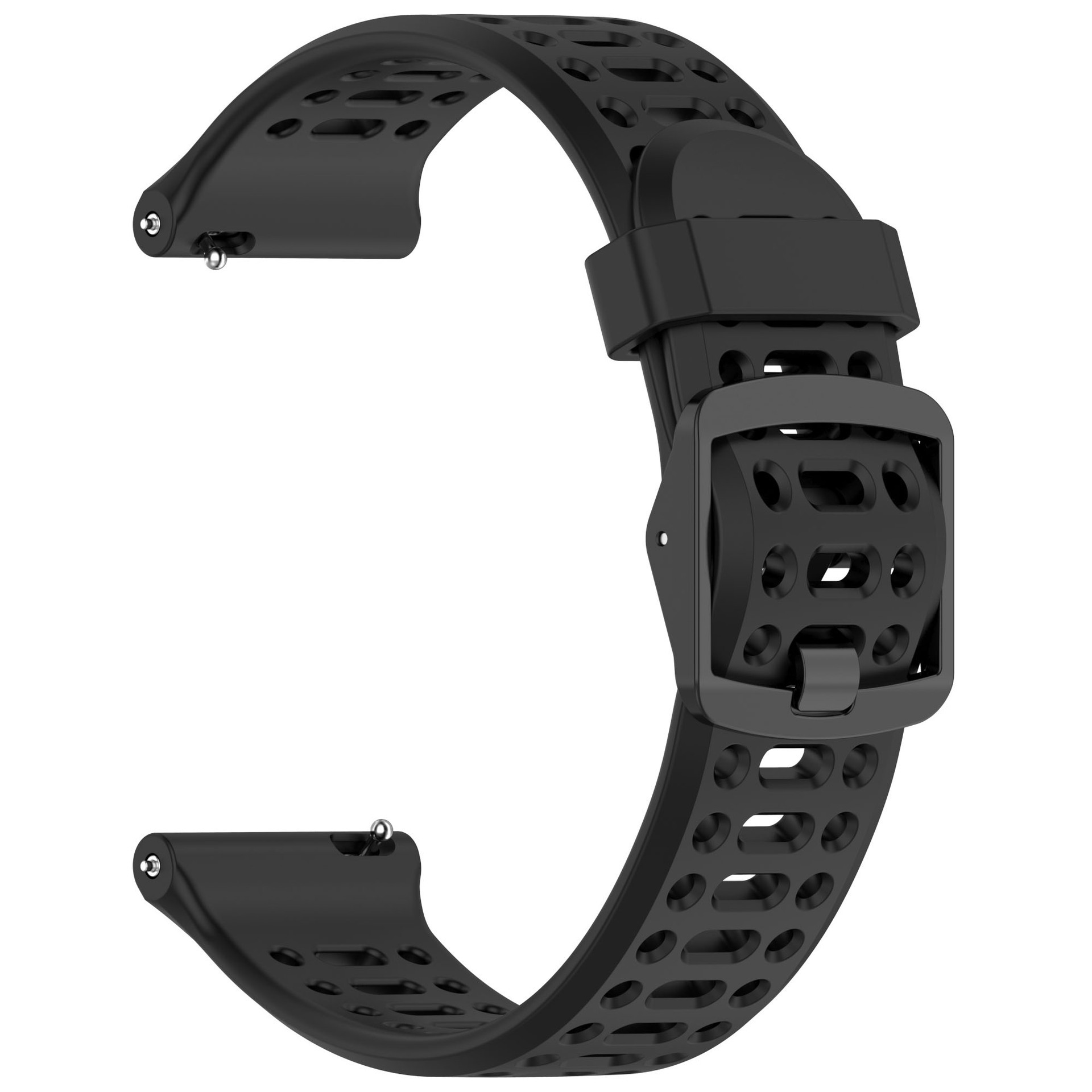 Cinturino nero con fibbia e perno, caratterizzato da un design traforato.