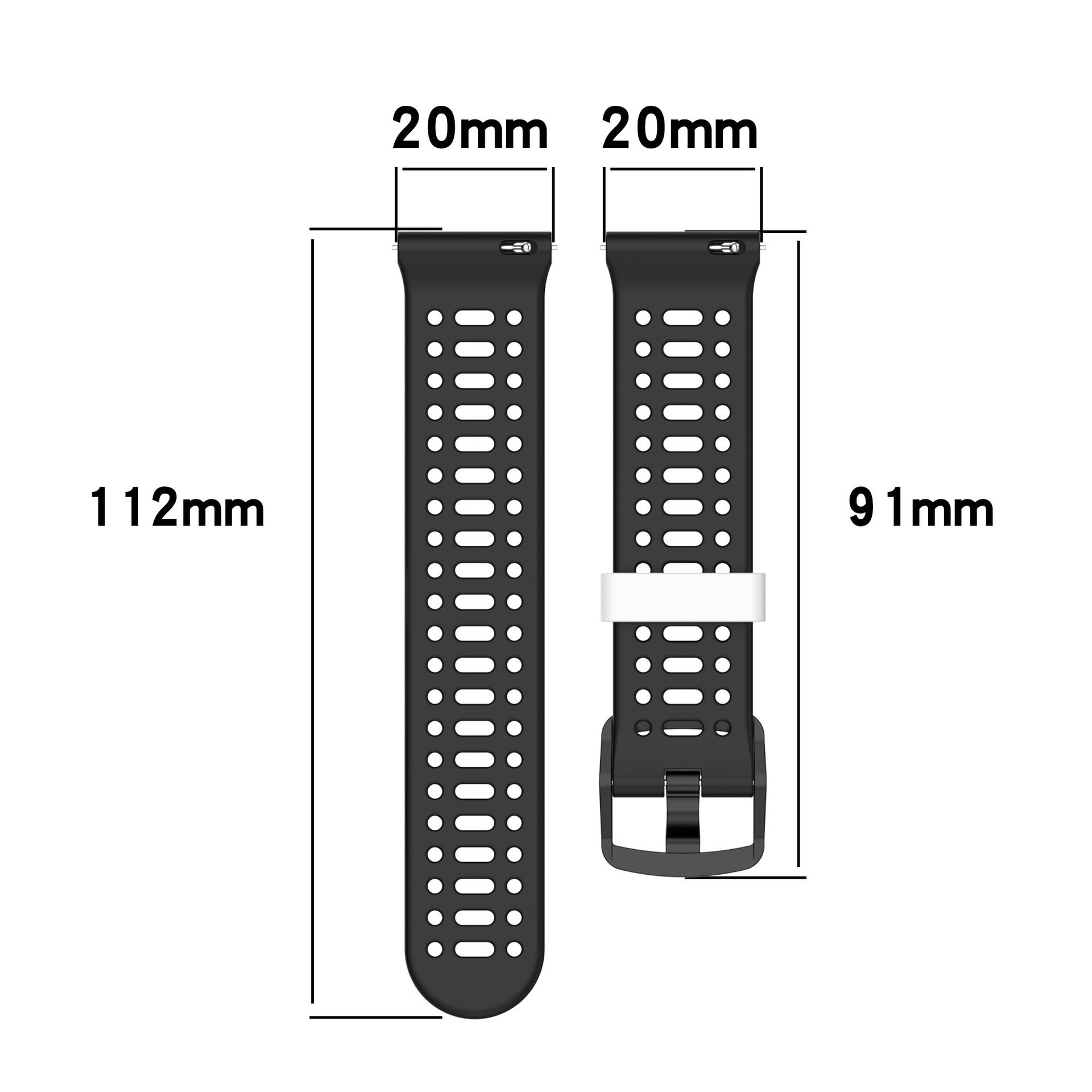 Un diagramma che mostra le dimensioni di un cinturino nero con fori.