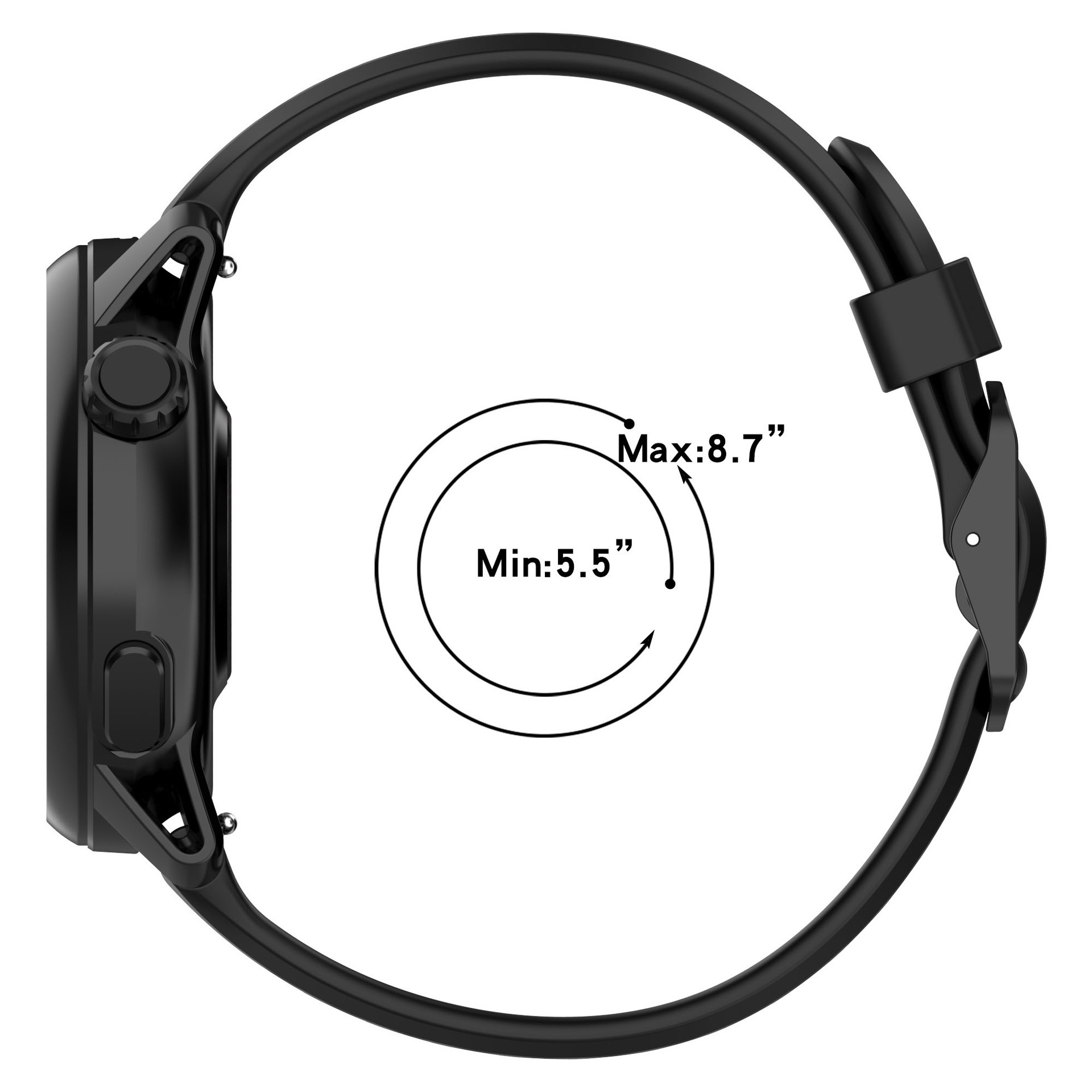 Una vista laterale di uno smartwatch nero con cinturino, che mostra le dimensioni.