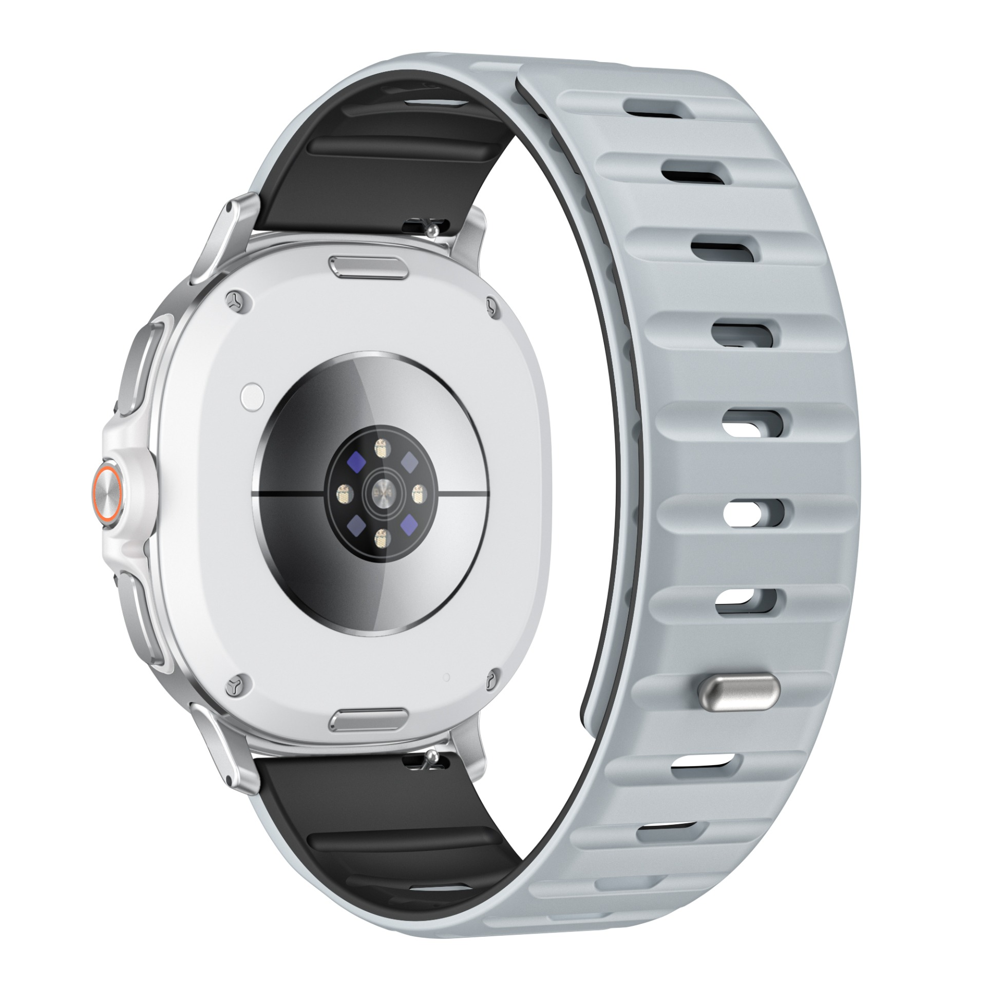 Eine Smartwatch mit weißer Rückseite und grauem Armband. Das Armband ist mit der Uhr verbunden.