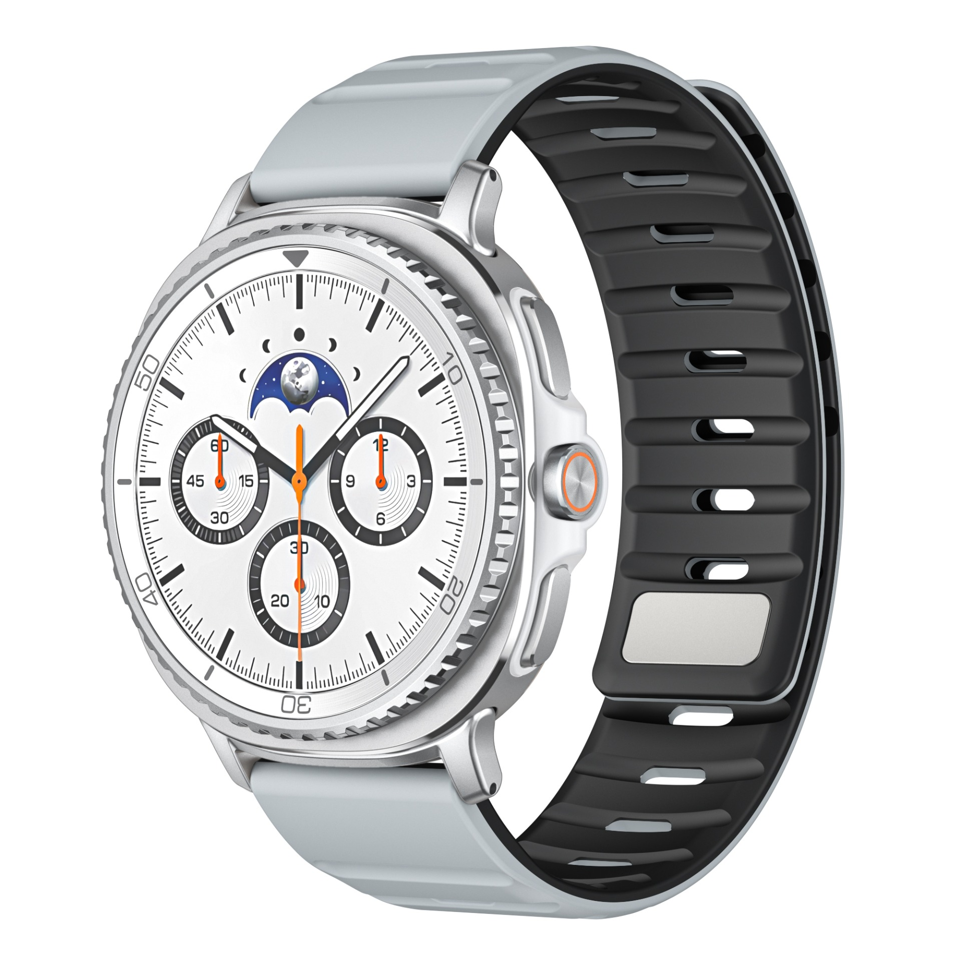 Eine silberne Smartwatch mit weißem Zifferblatt und grau-schwarzem Armband.