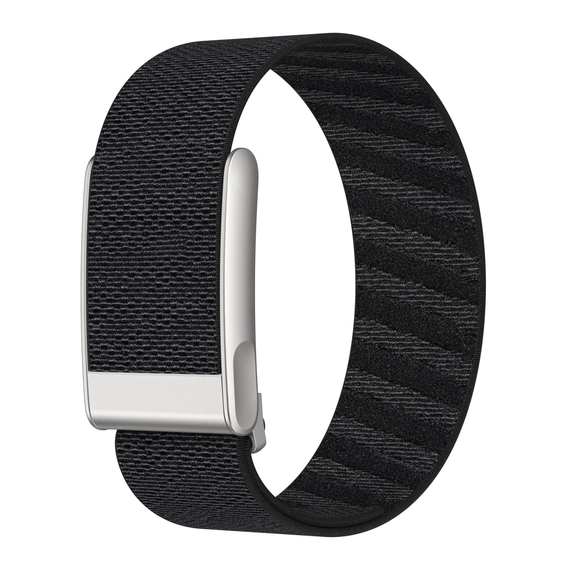 Ein schwarzes Stoffuhrenarmband mit silberner Schließe.