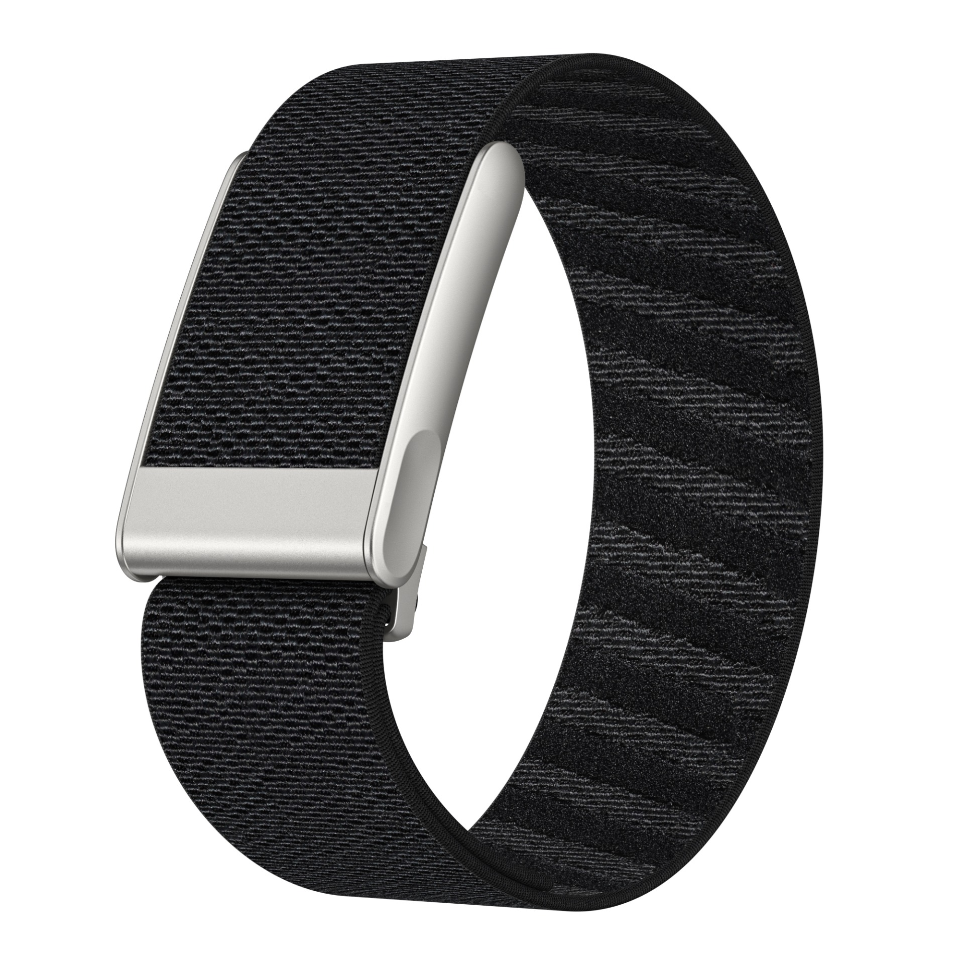 Ein schwarzes, gewebtes Fitbit-Armband ist auf der linken Seite aufgerollt und verfügt über ein silbernes Metallbefestigungsteil auf weißem Hintergrund.