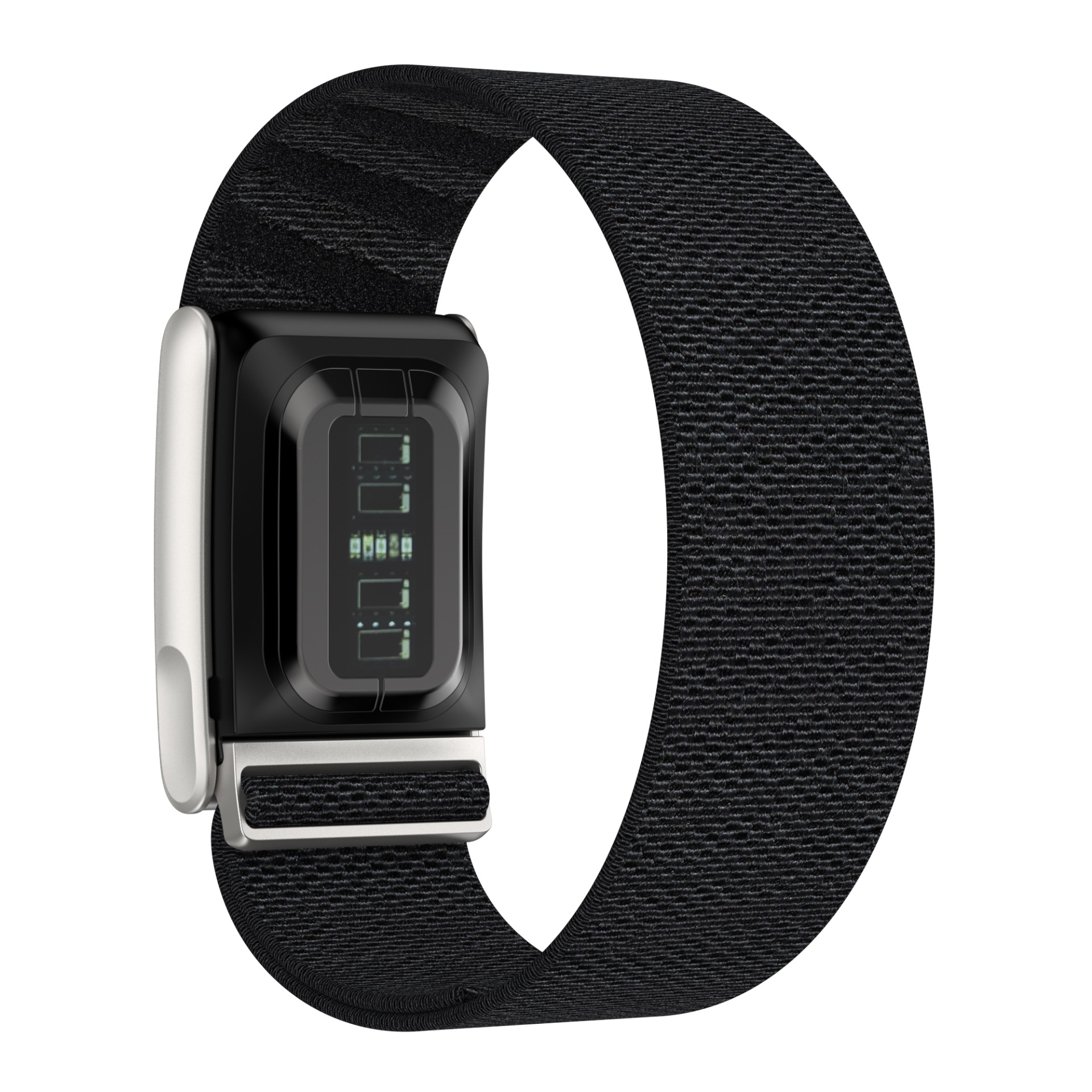 Ein schwarzes Stoffuhrenarmband mit silberner Schließe.