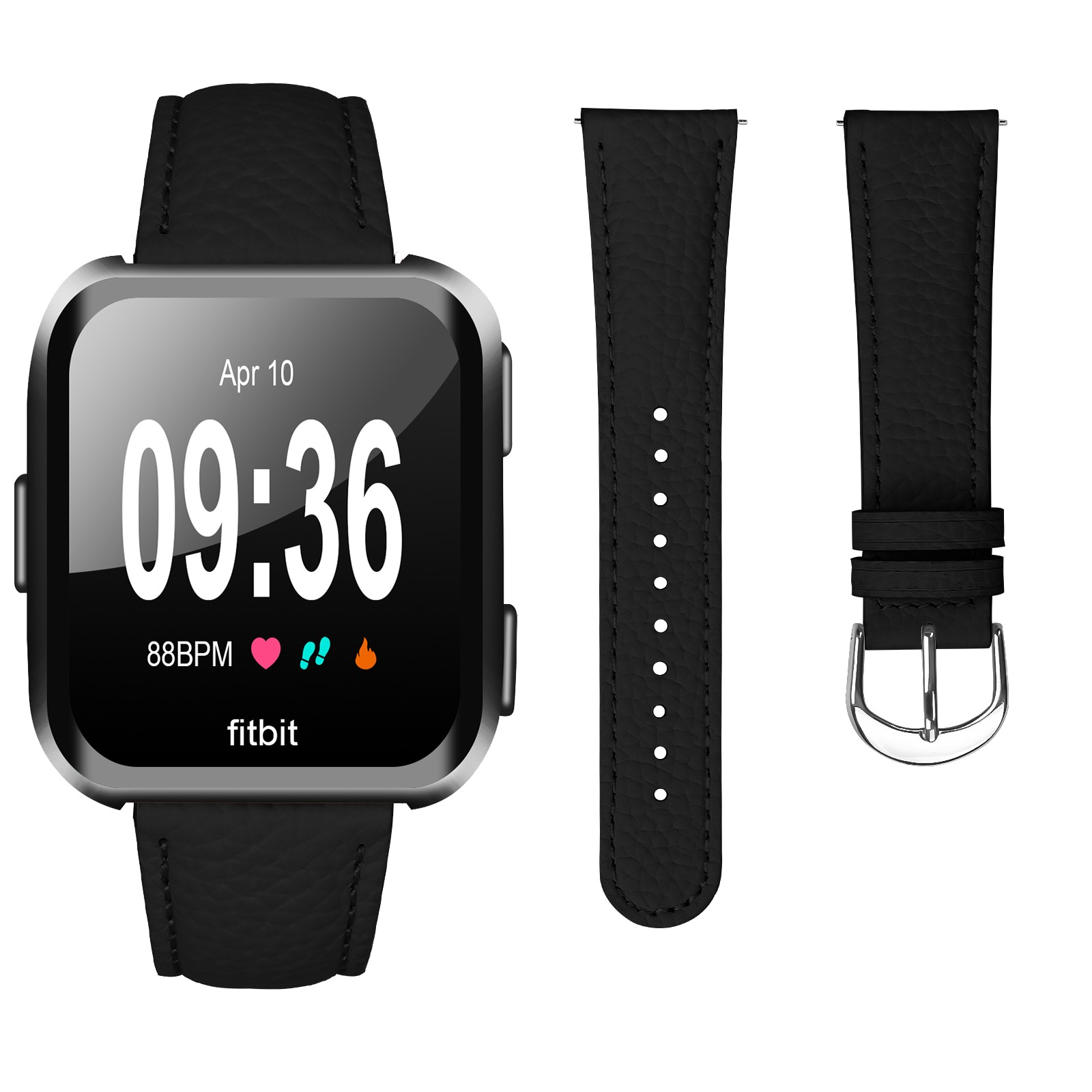 Un Fitbit nero con cornice argentata mostra l'ora 09:36 e la data 10 aprile con cinturino in pelle nera e cinturini di ricambio.