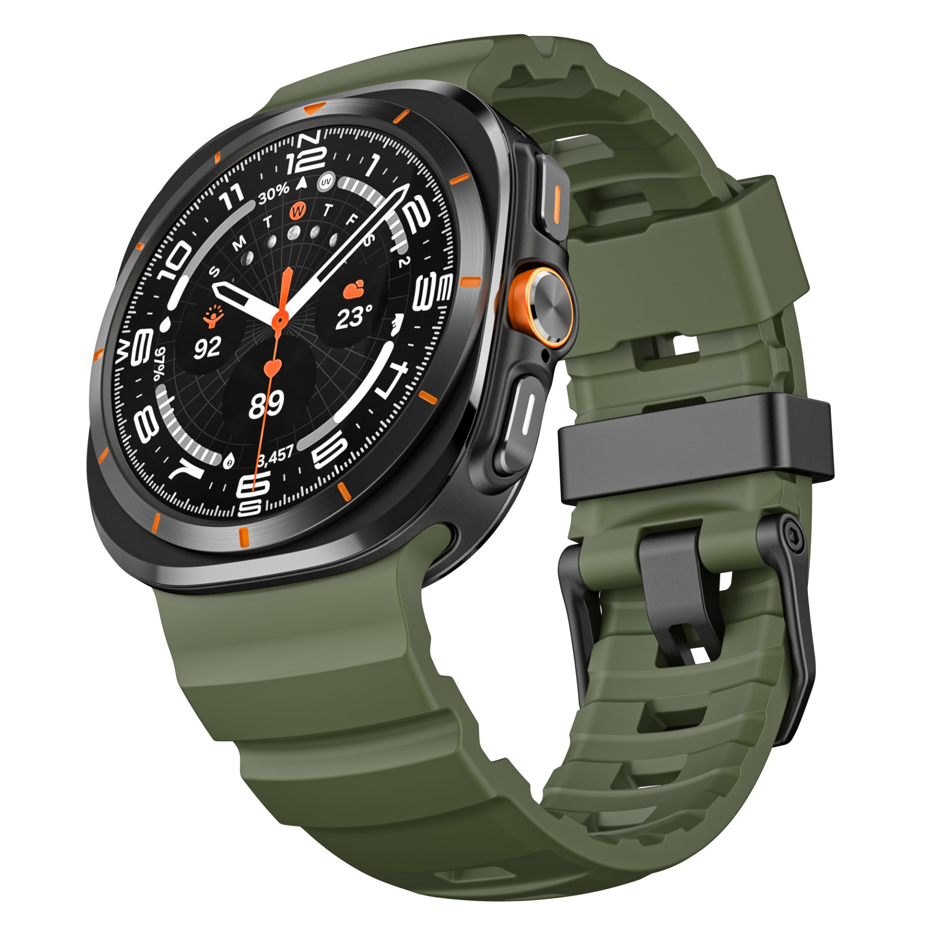 Uno smartwatch verde oliva con quadrante e ghiera neri mostra l'ora con un cinturino verde oliva su uno sfondo bianco.
