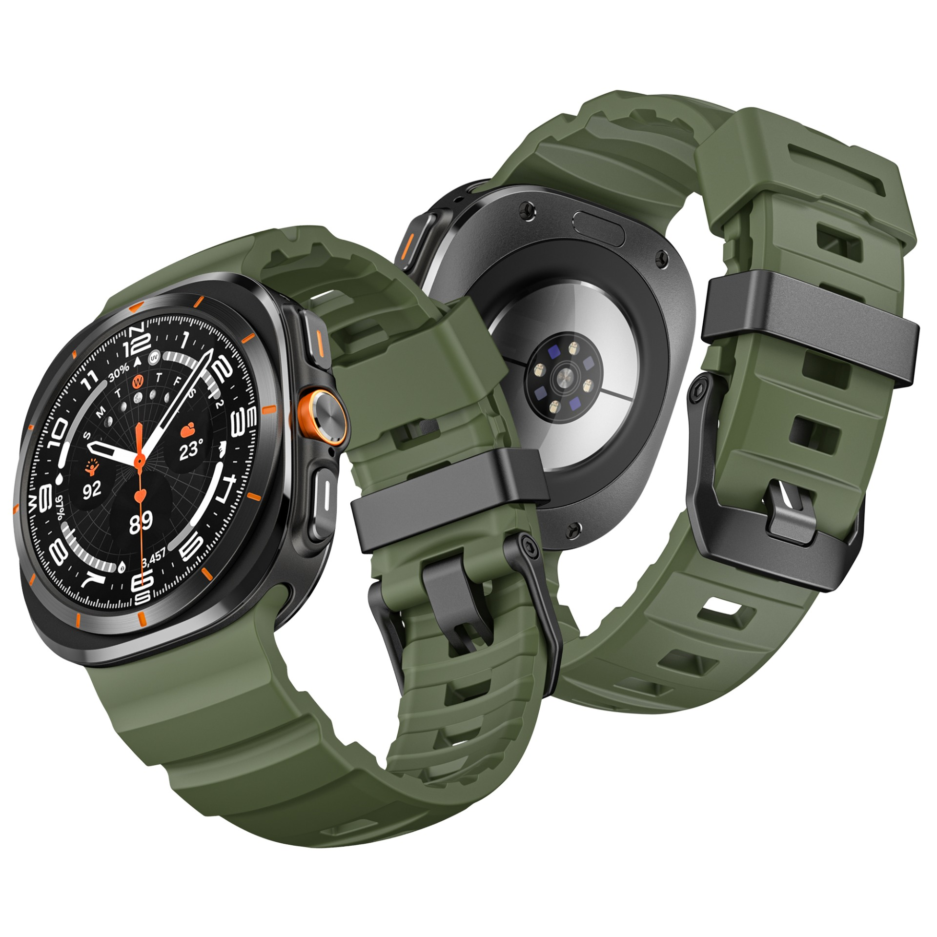Uno smartwatch verde oliva con quadrante nero e cinturino verde oliva.