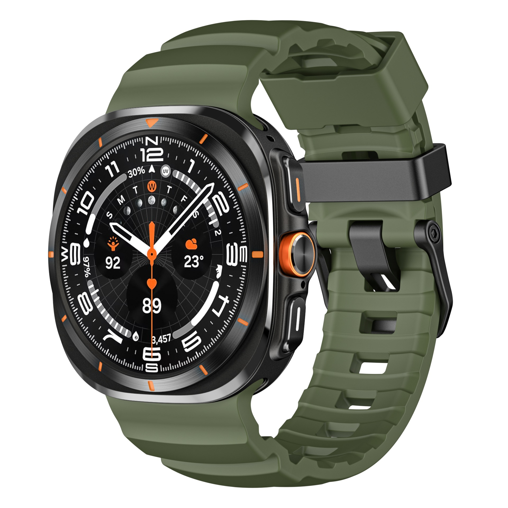 Uno smartwatch verde oliva con quadrante e ghiera neri mostra l'ora con un cinturino verde oliva.
