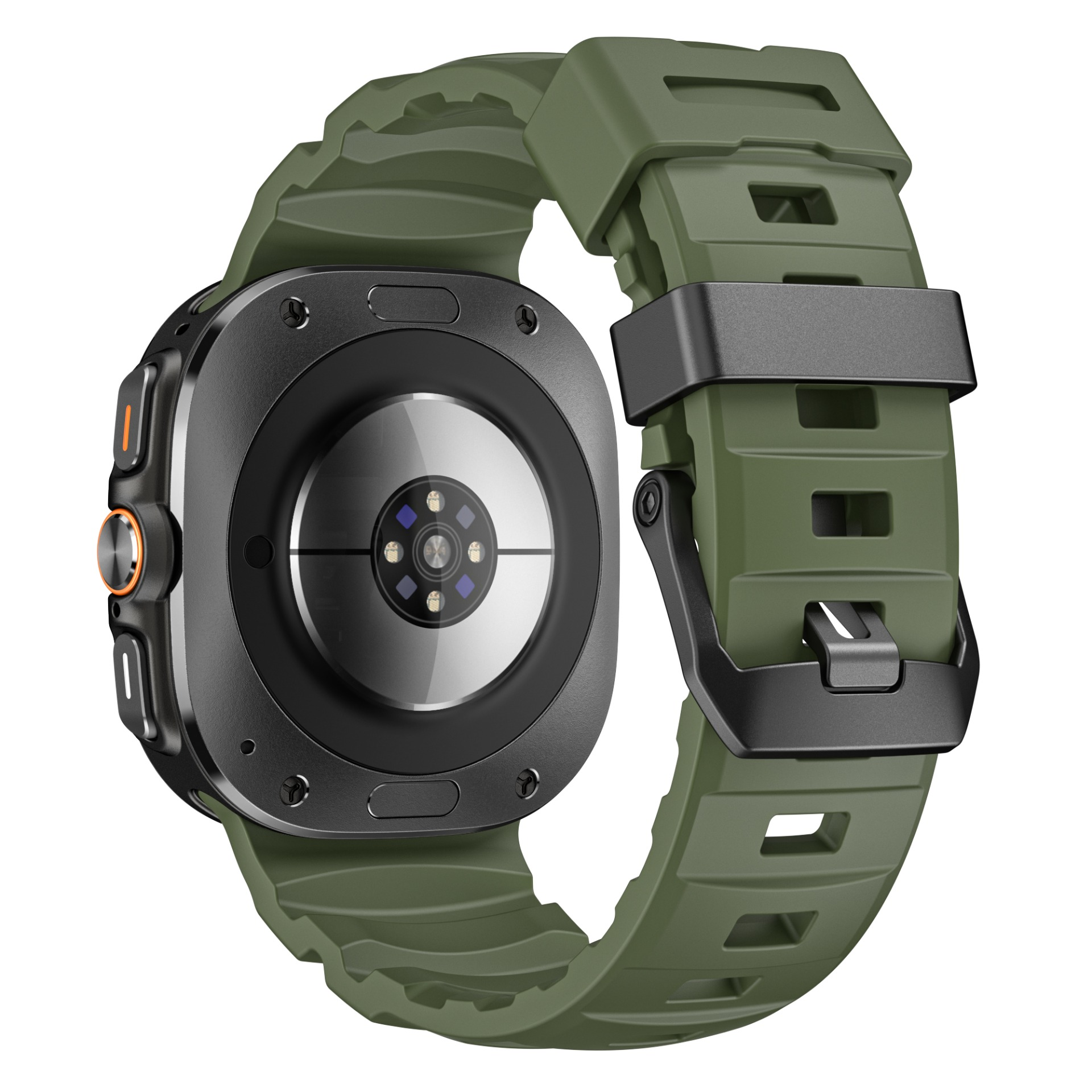 Primo piano di uno smartwatch verde con quadrante e cinturino neri, su sfondo bianco.