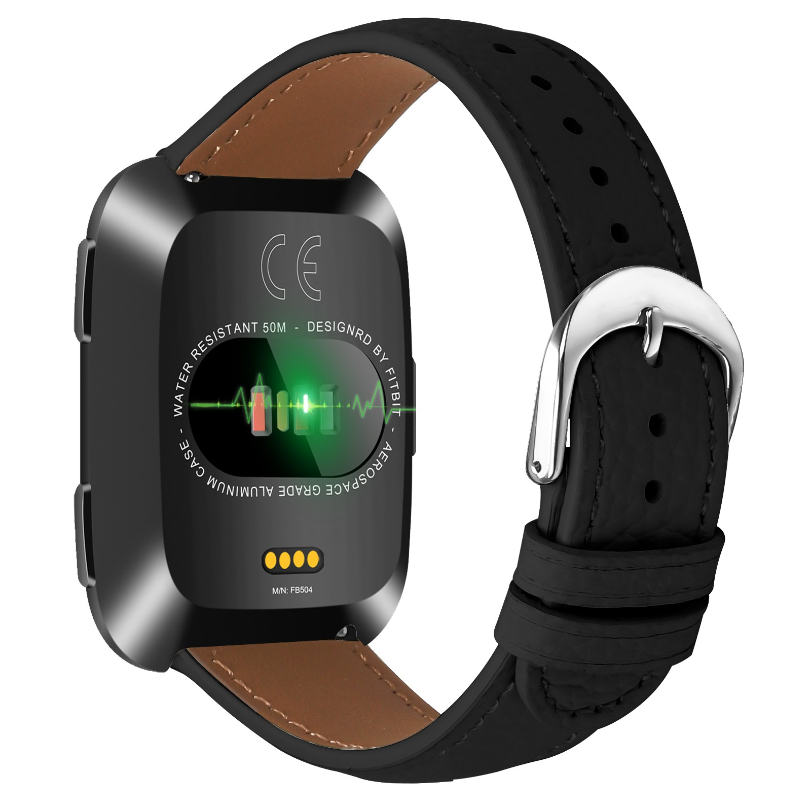 Uno smartwatch nero ha un cinturino in pelle nera e mostra i sensori e le funzionalità sul retro dell'orologio.