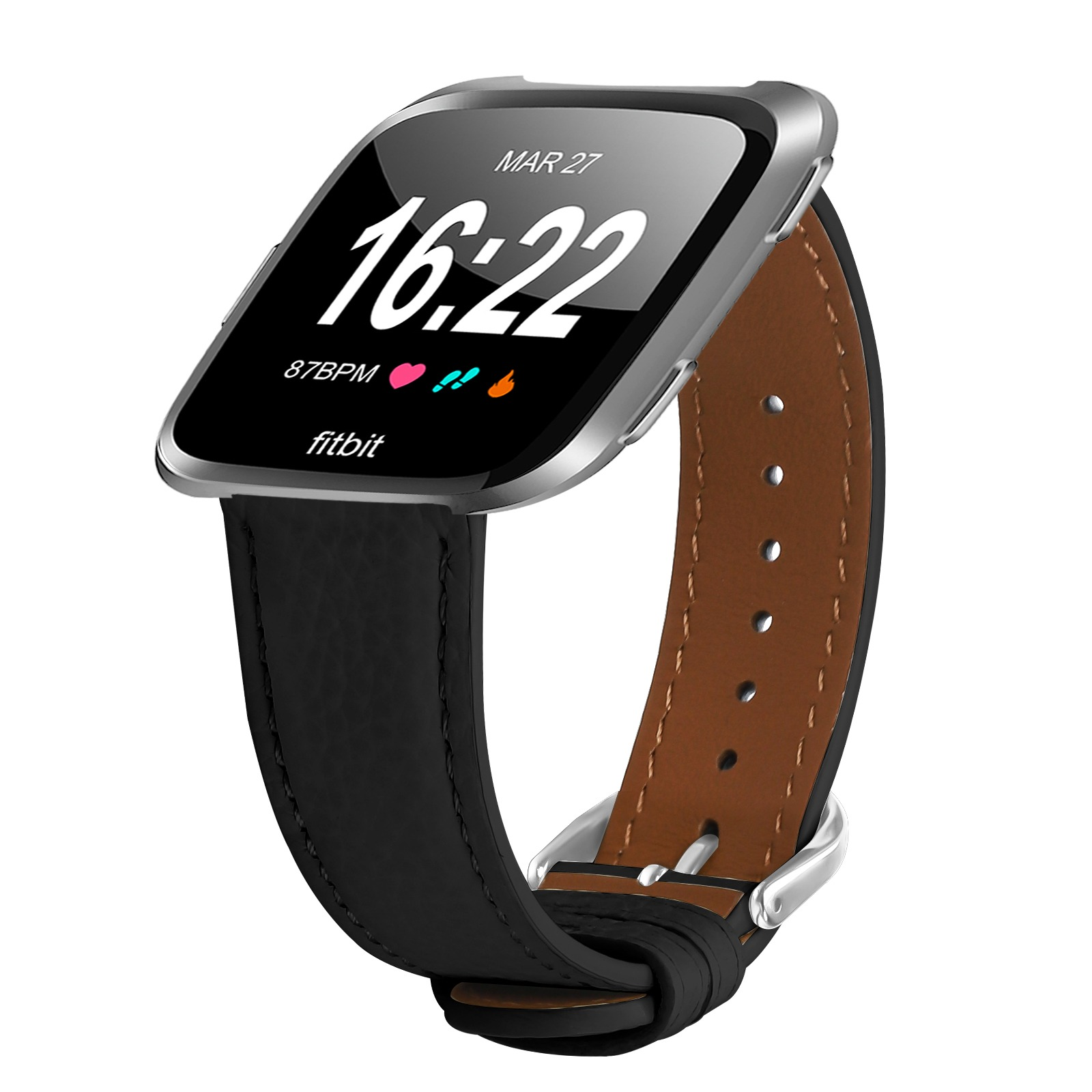 Uno smartwatch con cornice argentata ha un quadrante nero, mostra le 16:22 e il 27 marzo e ha un cinturino in pelle nera con interno marrone.