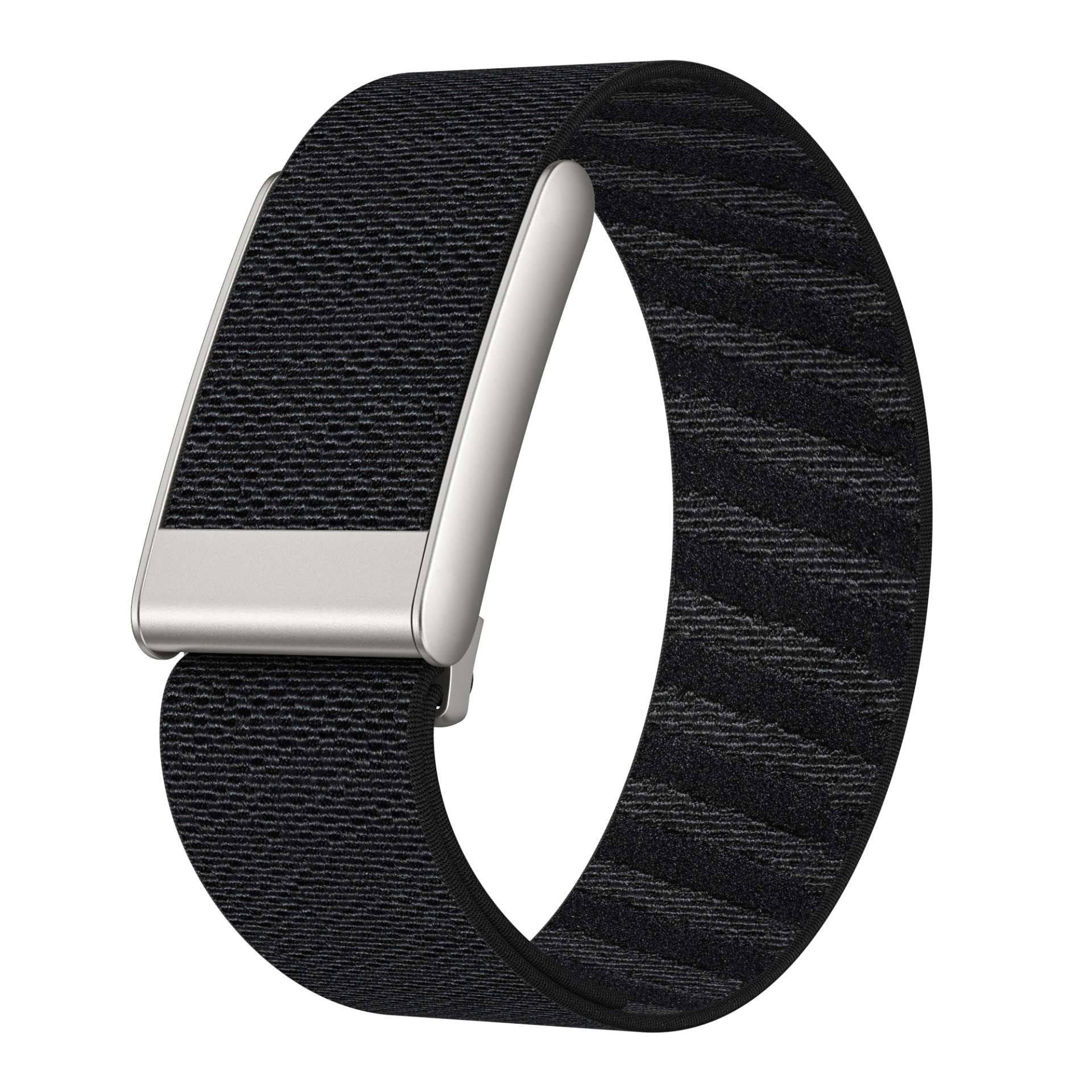 Ein schwarzes Uhrenarmband mit silberner Schließe, um sich selbst gewickelt, vor weißem Hintergrund.