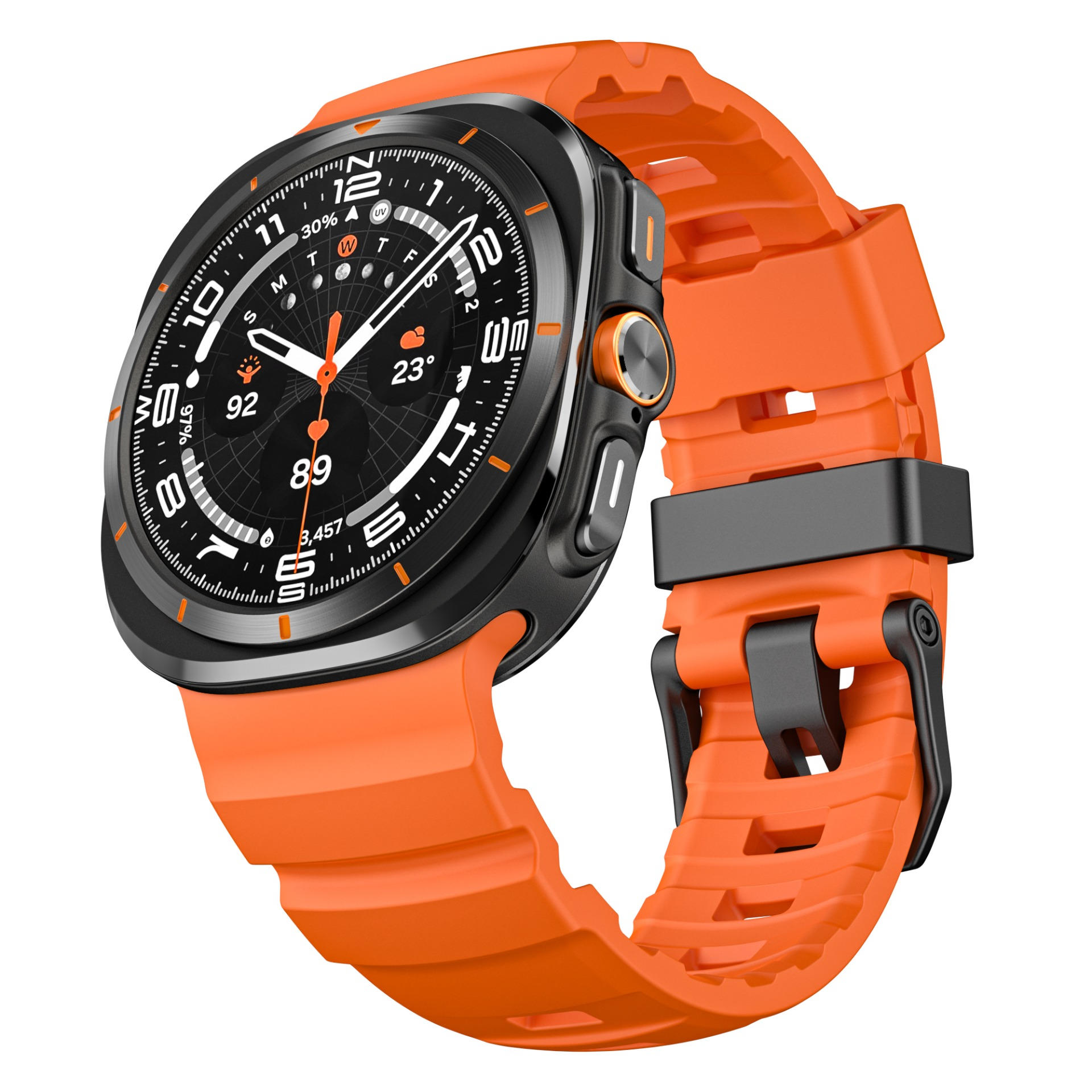 Smartwatch arancione con lunetta nera e cinturino arancione. Mostra ora, data e varie metriche.