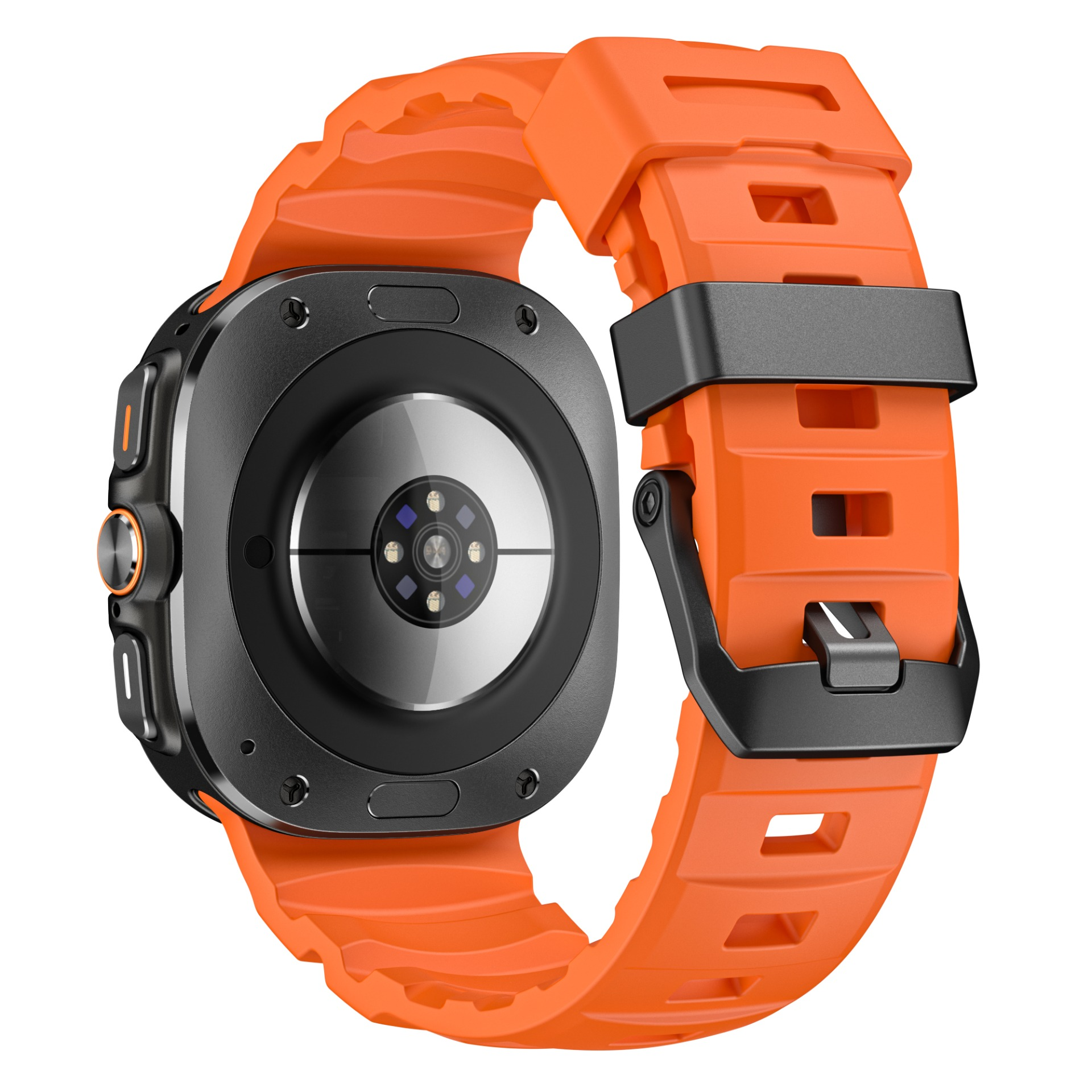Uno smartwatch con cinturino arancione, lunetta nera e vista posteriore, su sfondo bianco.
