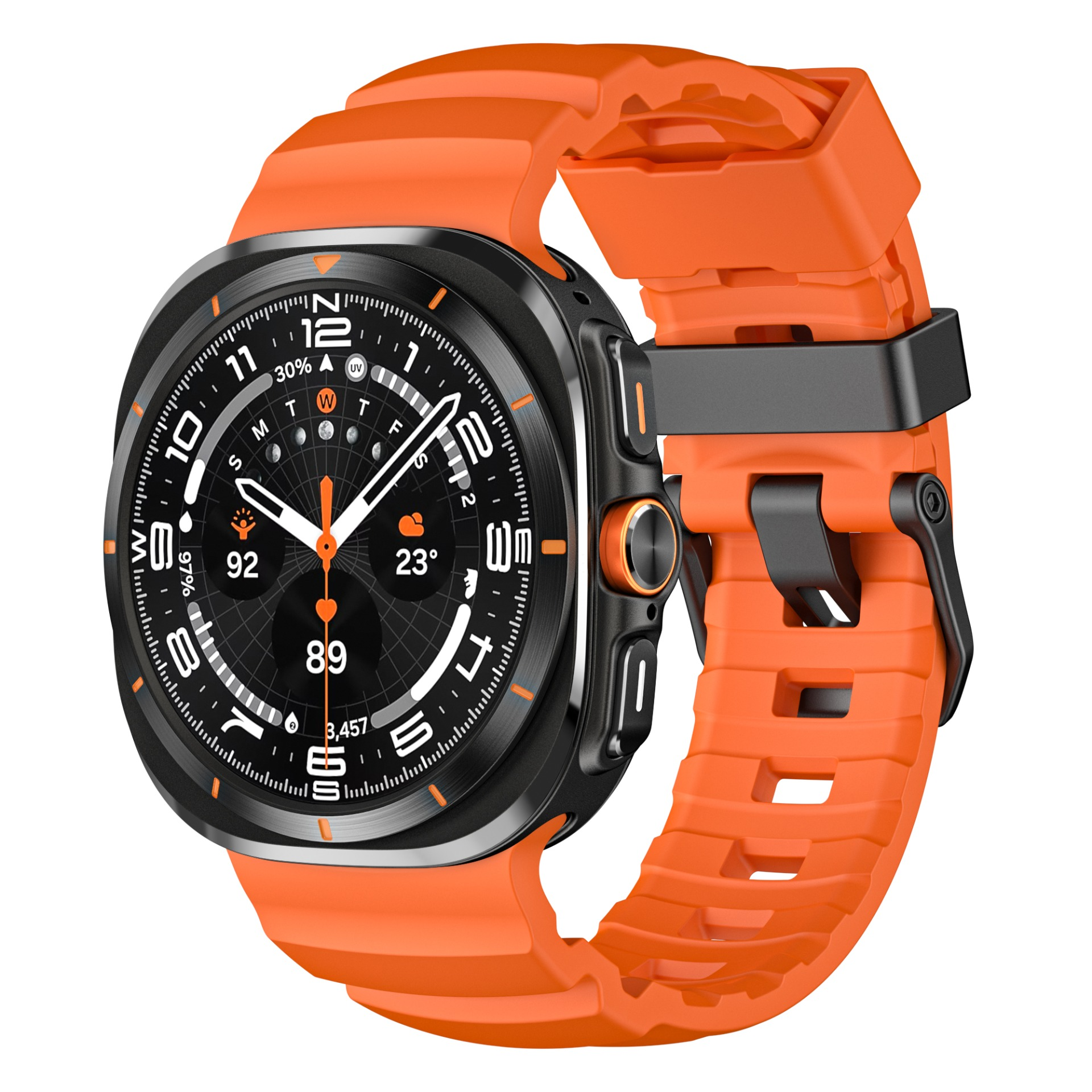 Uno smartwatch arancione con lunetta nera e cinturino arancione, mostra ora, data e metriche.