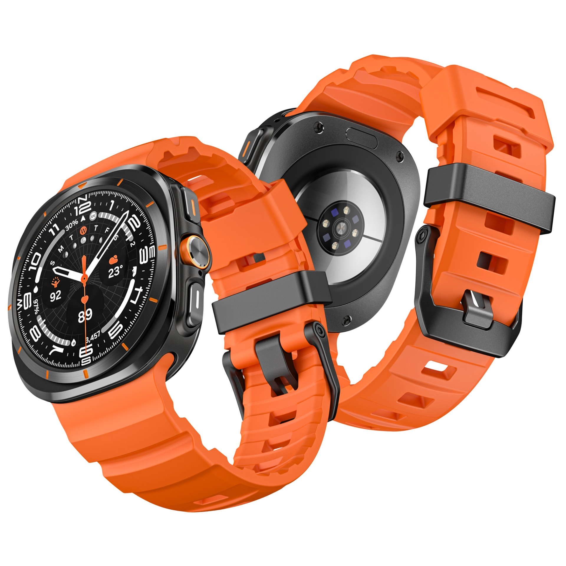 Uno smartwatch con cinturino arancione, lunetta nera e retro, su sfondo bianco.