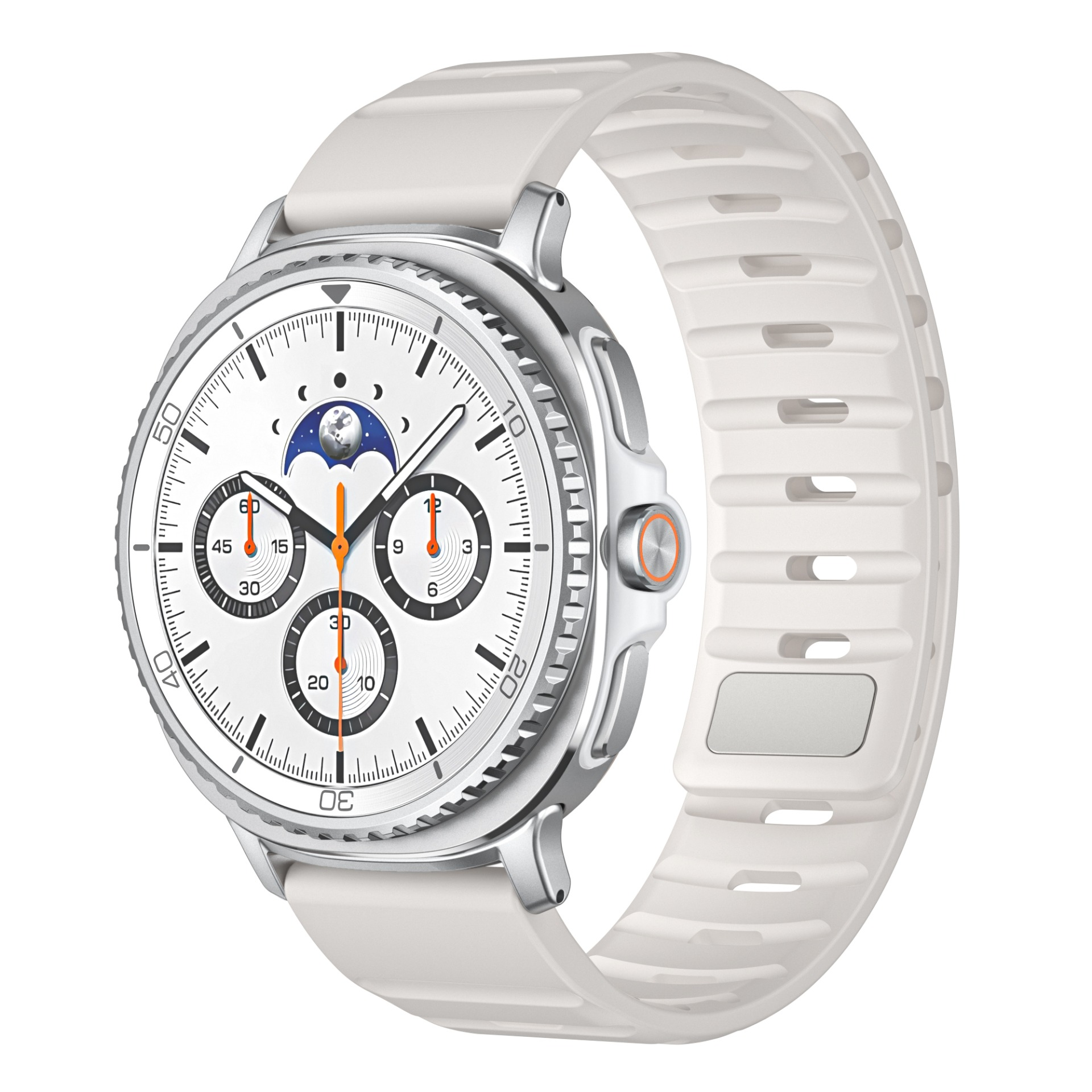 Uno smartwatch bianco con cinturino bianco, quadrante bianco e bordo argentato, su sfondo bianco.
