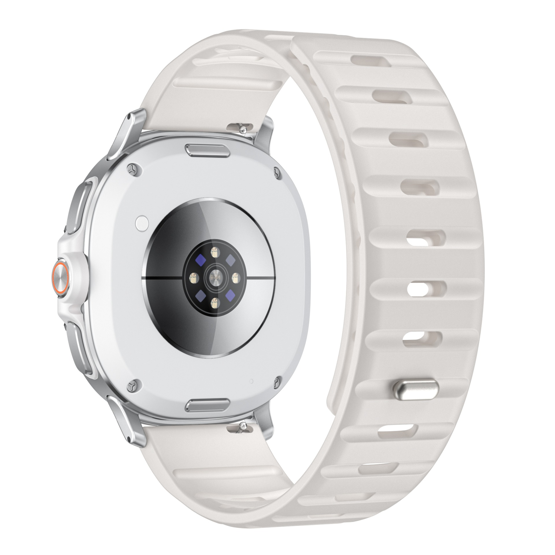 Vista posteriore di uno smartwatch bianco con cinturino bianco. Mostra il sensore e i fissaggi.