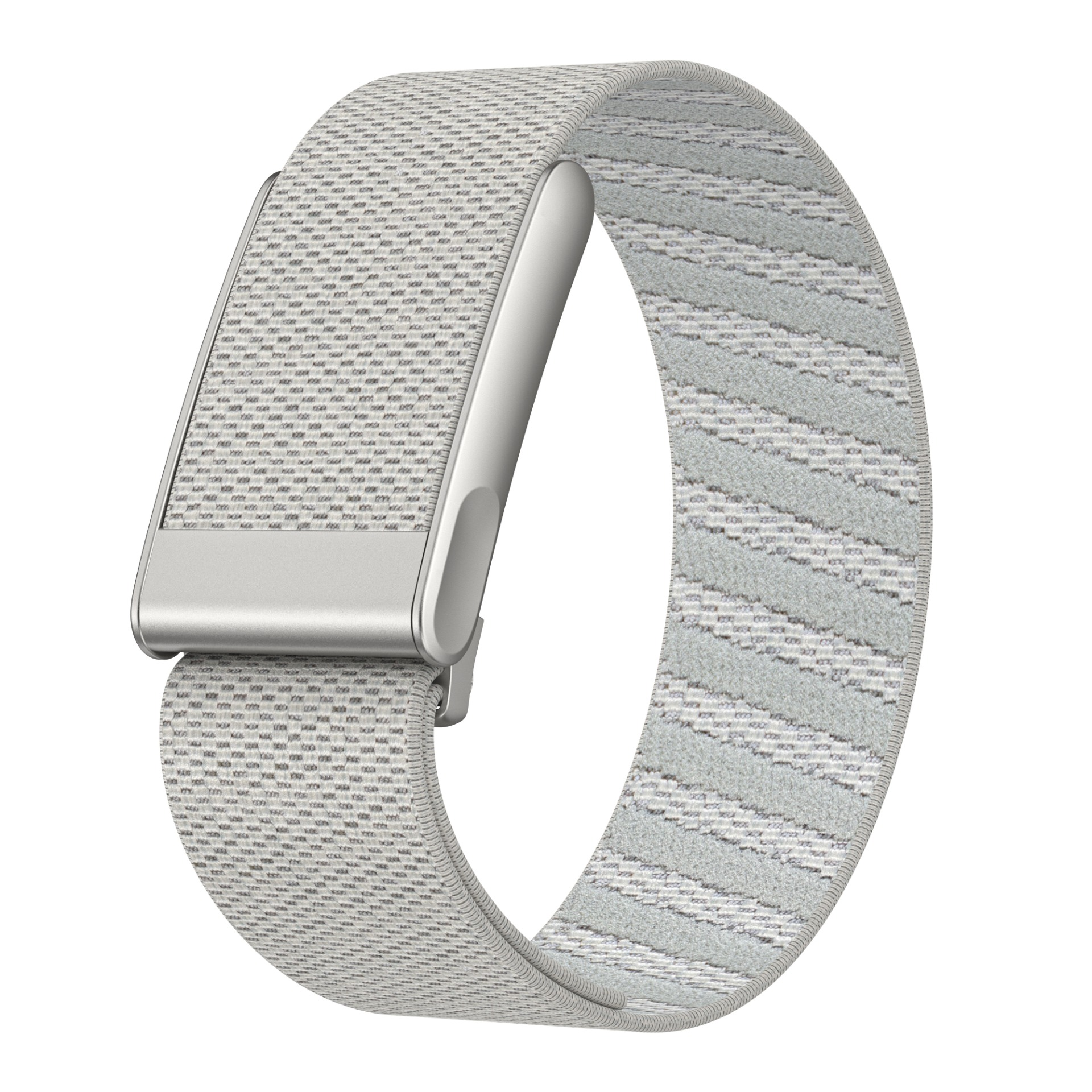Cinturino per orologio in tessuto grigio chiaro. Chiusura in metallo argentato. Sfondo bianco. Texture perforata sul cinturino.