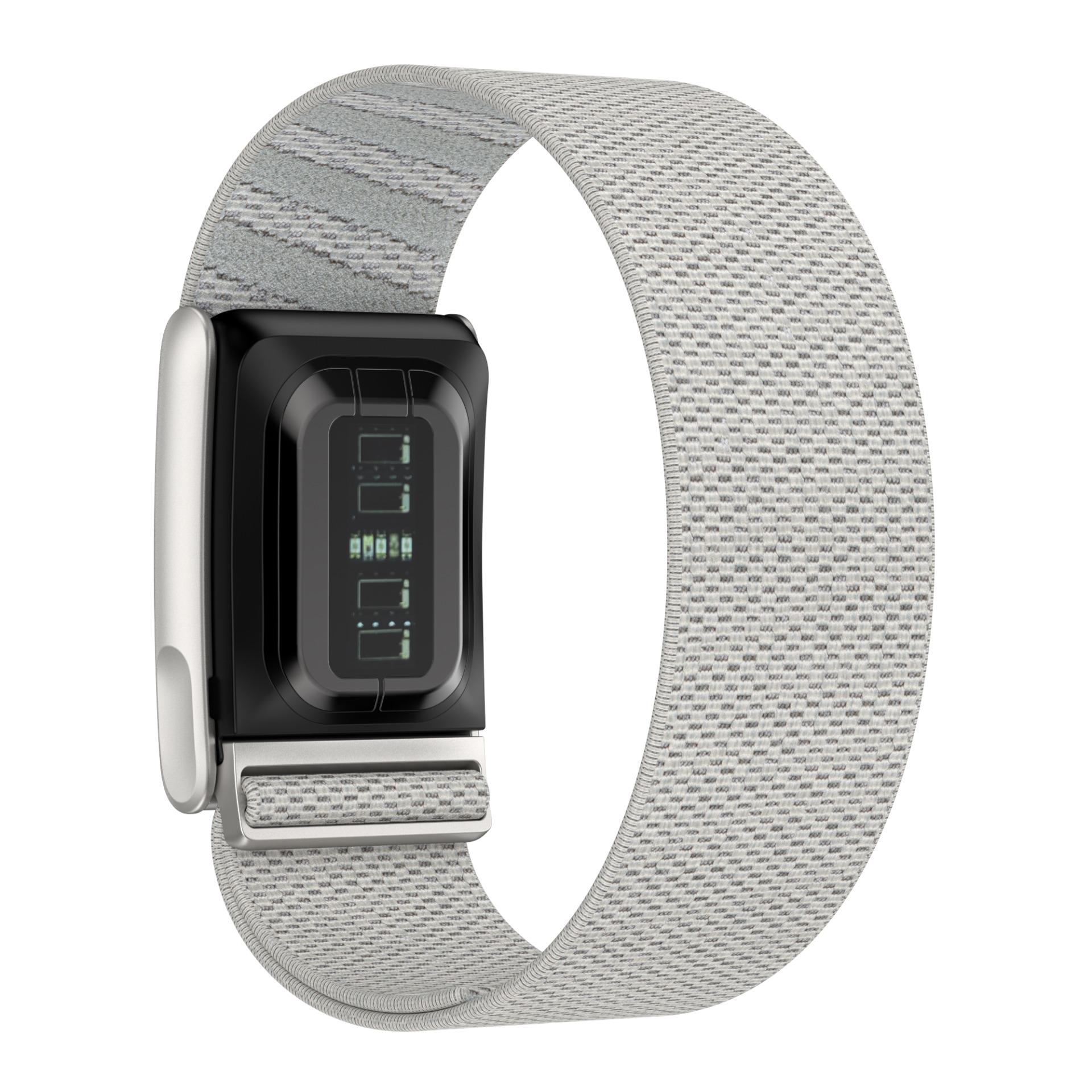 Ein graues Smartwatch-Armband aus Stoff mit einem schwarzen, rechteckigen Zifferblatt.