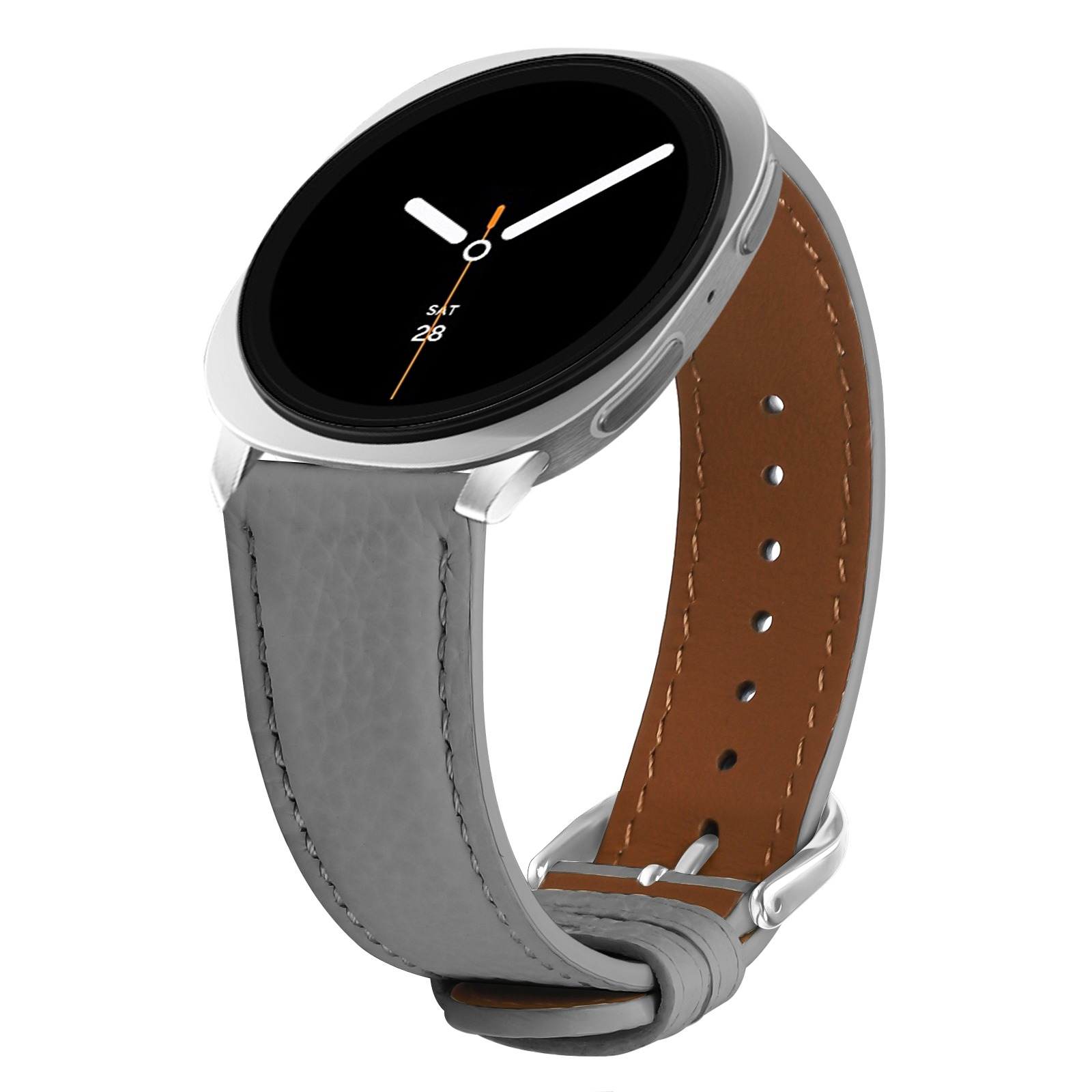 Eine silberne Smartwatch mit grauem Lederarmband und schwarzem Zifferblatt, das die Zeit anzeigt.