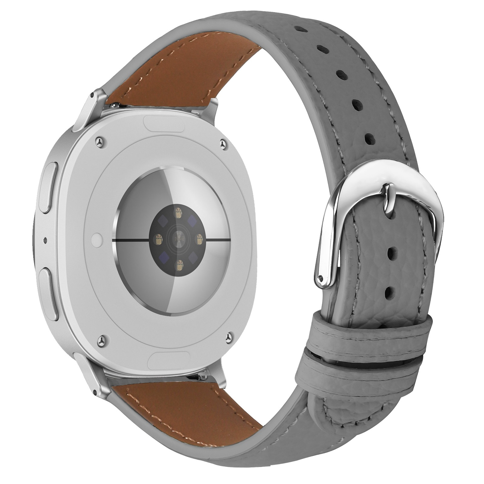 Die Rückseite einer silbernen Smartwatch mit grauem Lederarmband. Die Uhr hat einen Herzfrequenzsensor.