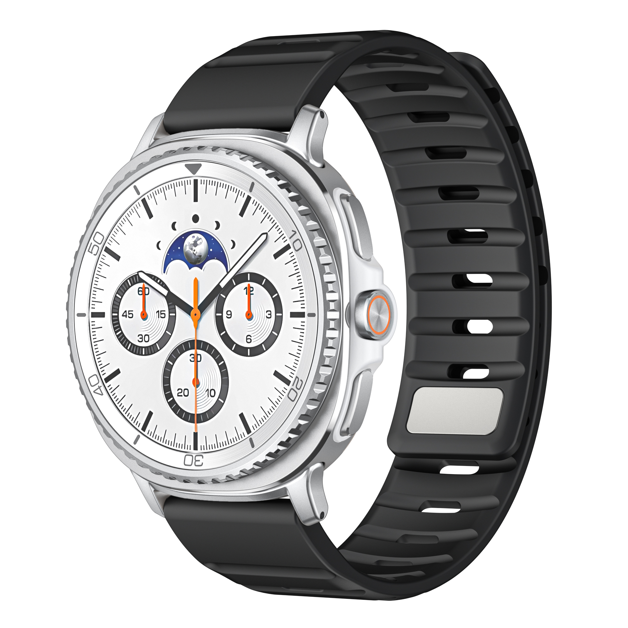 Silberne Smartwatch mit weißem Zifferblatt und schwarzem Armband. Die Uhr zeigt die Zeit an und hat orange Akzente.