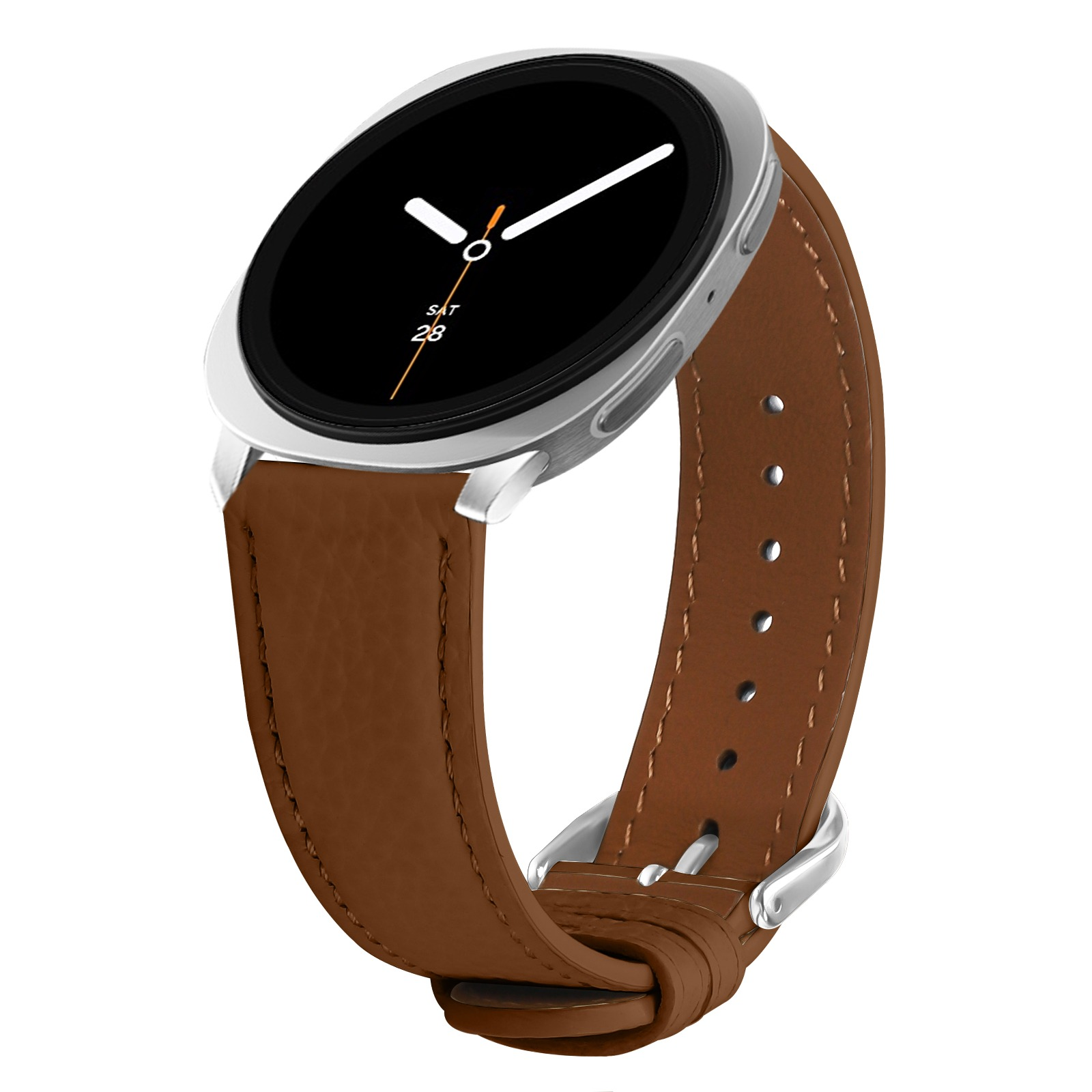 Smartwatch mit braunem Lederarmband, das die Uhrzeit anzeigt. Die Uhr hat einen schwarzen Bildschirm und ein silbernes Gehäuse.