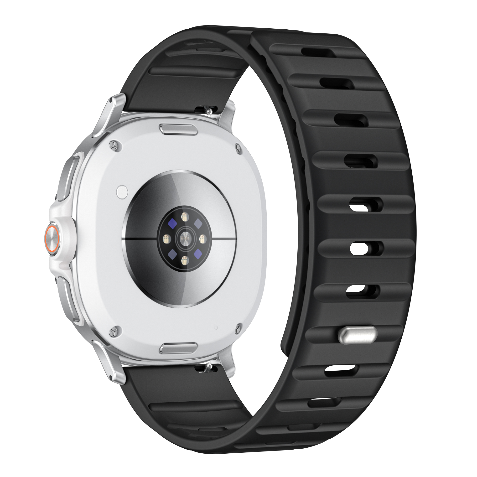 Rückansicht einer Smartwatch mit schwarzem Armband. Die Uhr hat ein silbernes Gehäuse und einen schwarzen Sensor.