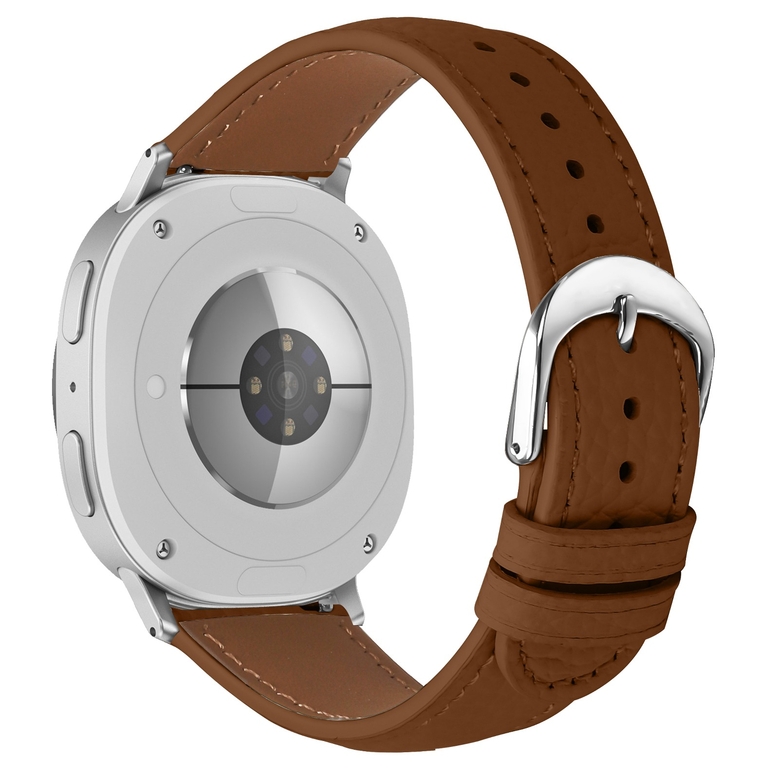 Rückseite einer Smartwatch mit braunem Lederarmband und silbernem Gehäuse. Sie hat einen Herzfrequenzsensor.
