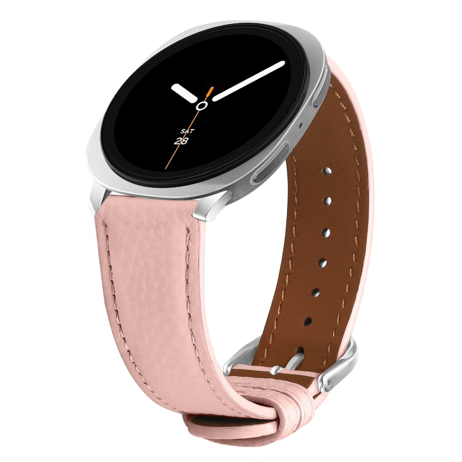 Ein rosa Leder-Uhrenarmband mit einer silbernen Uhr.
