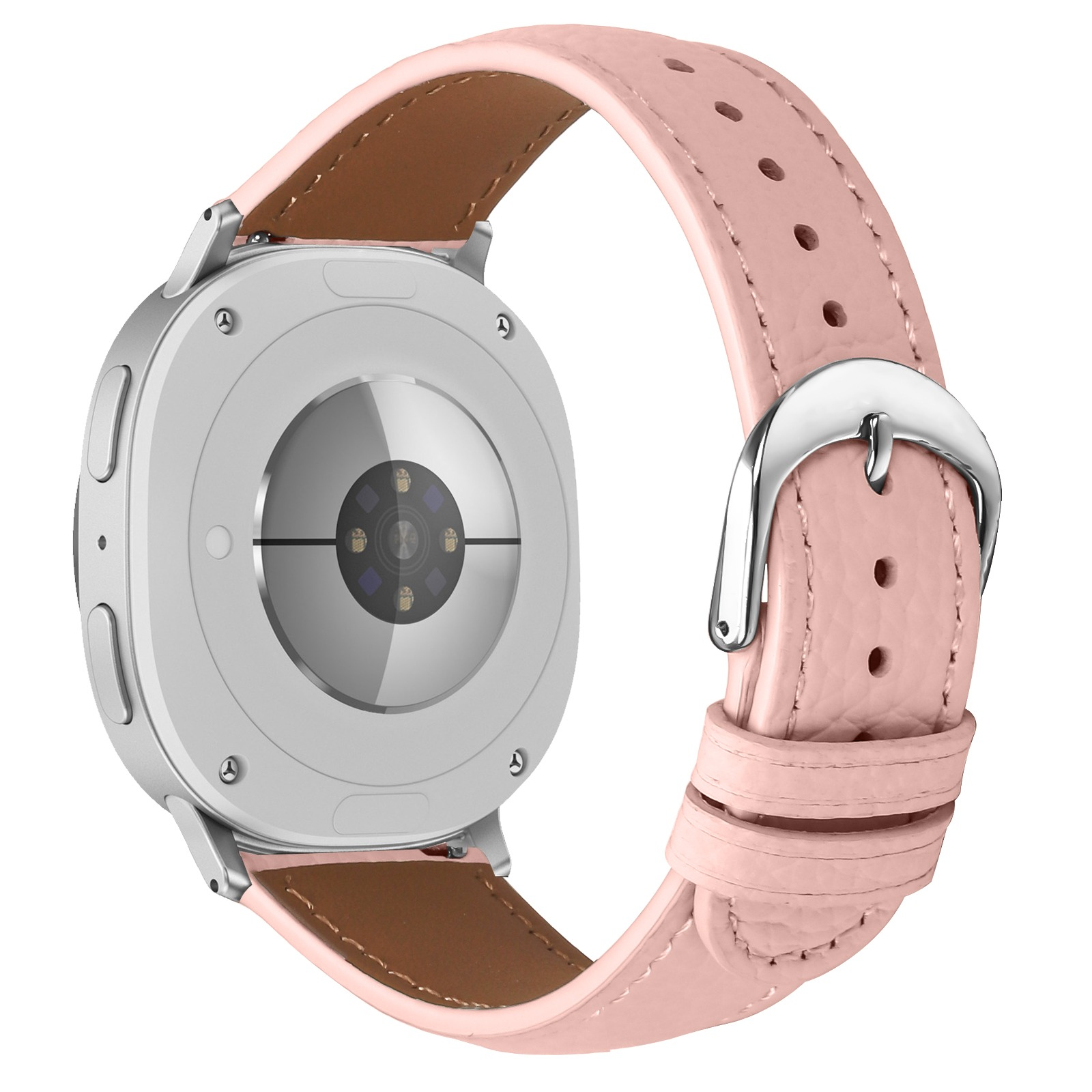 Die Rückseite einer silbernen Smartwatch mit rosa Lederarmband. Die Uhr hat Sensoren.