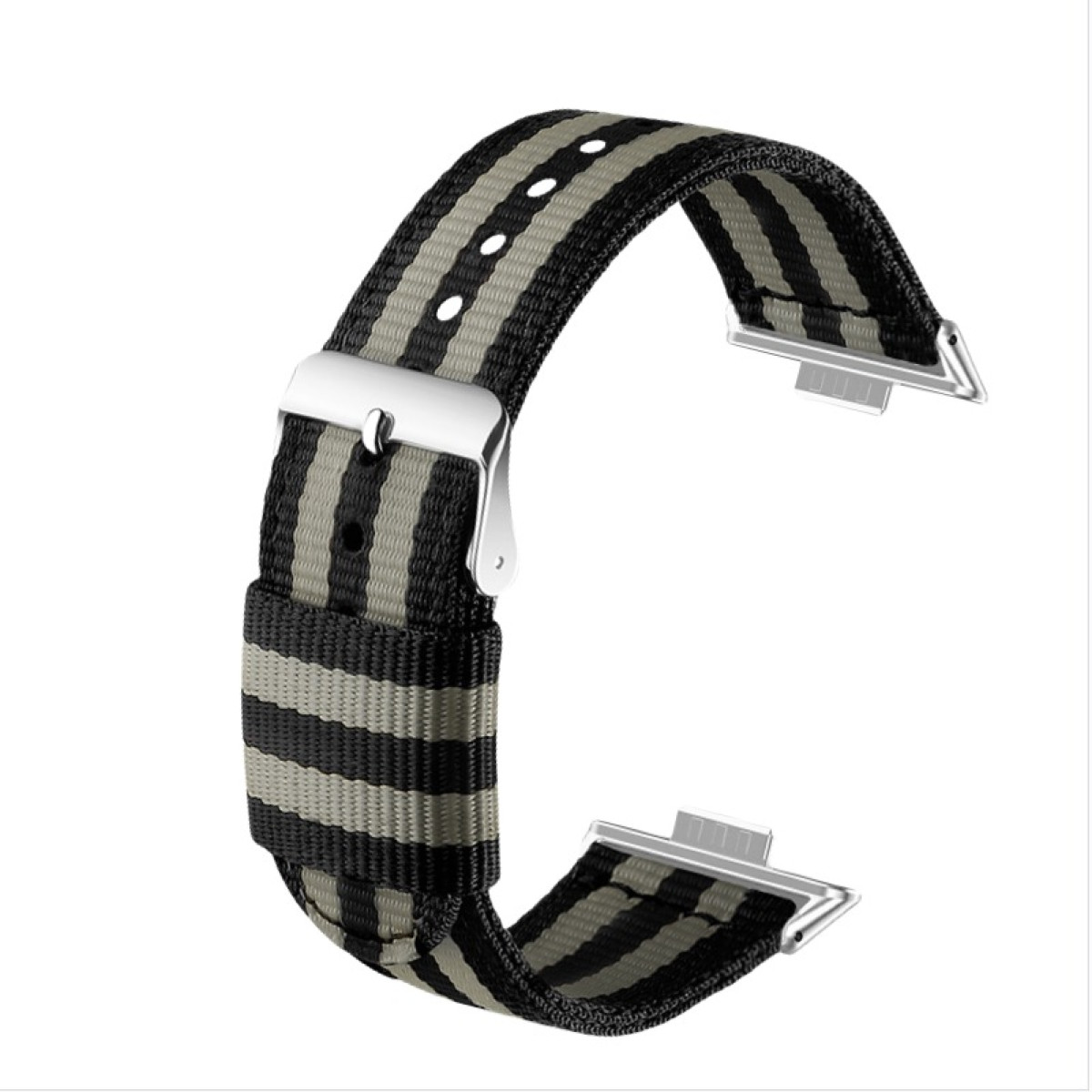 Ein Uhrenarmband mit schwarzen, grauen und weißen Streifen.