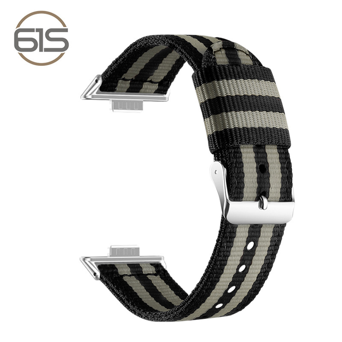 Ein gestreiftes Uhrenarmband mit silbernen Aufsätzen. Das Band ist schwarz und grau.