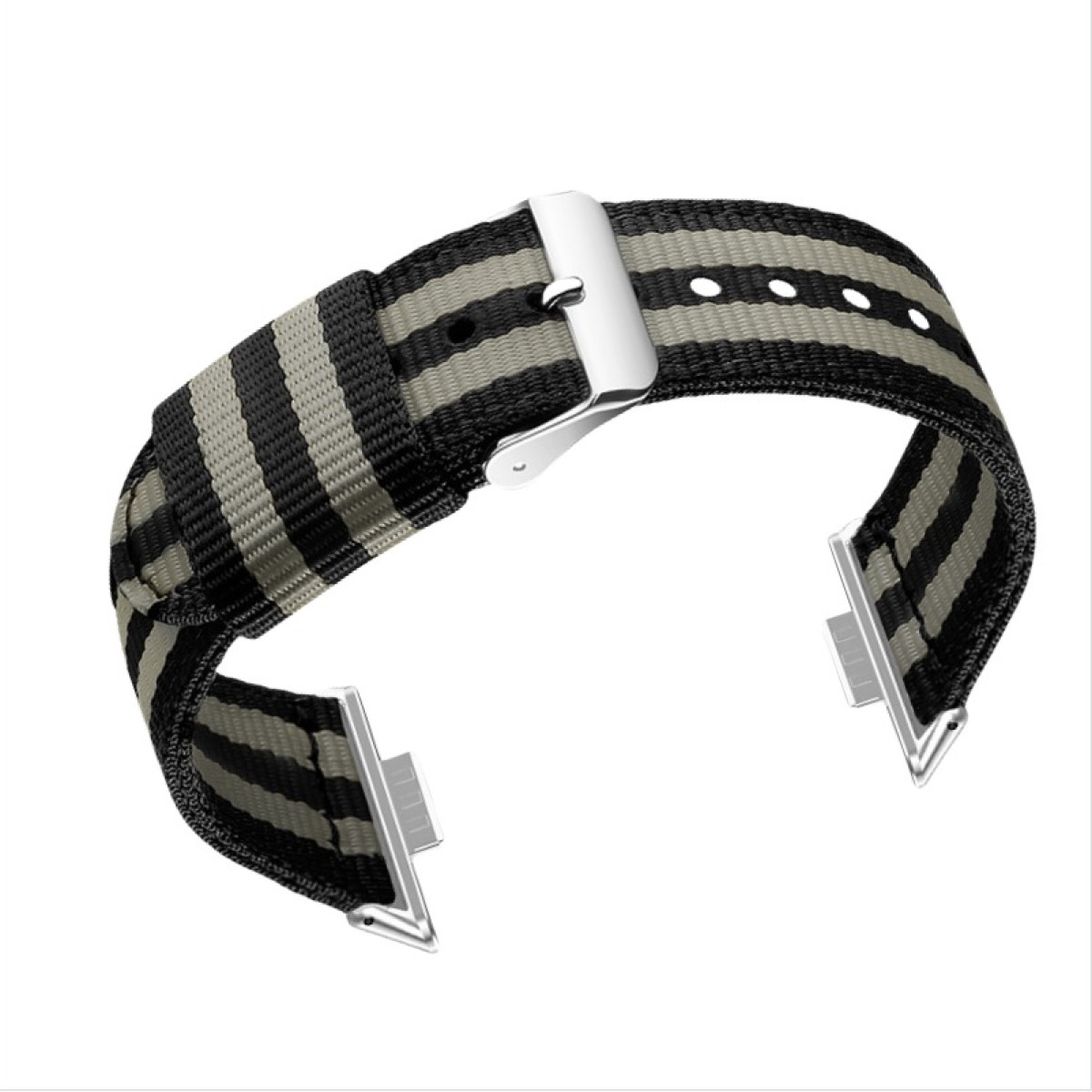 Ein gestreiftes Uhrenarmband mit silbernen Aufsätzen. Das Band ist schwarz und grau.