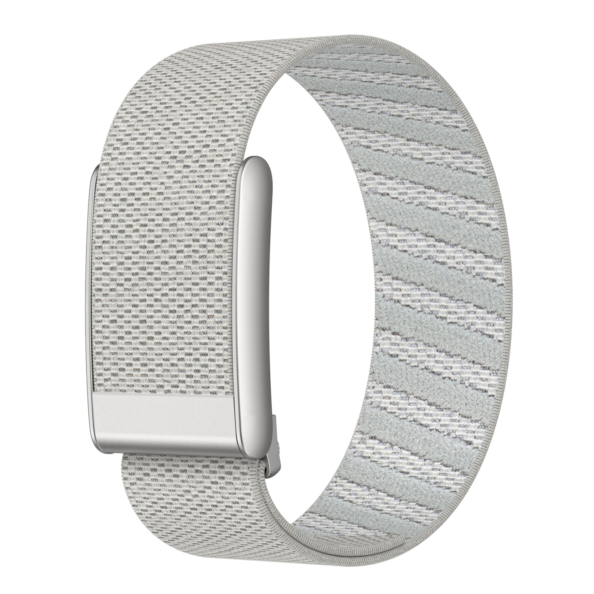 Ein hellgraues Armband mit silberner Metallschnalle und Endstück, vor weißem Hintergrund.