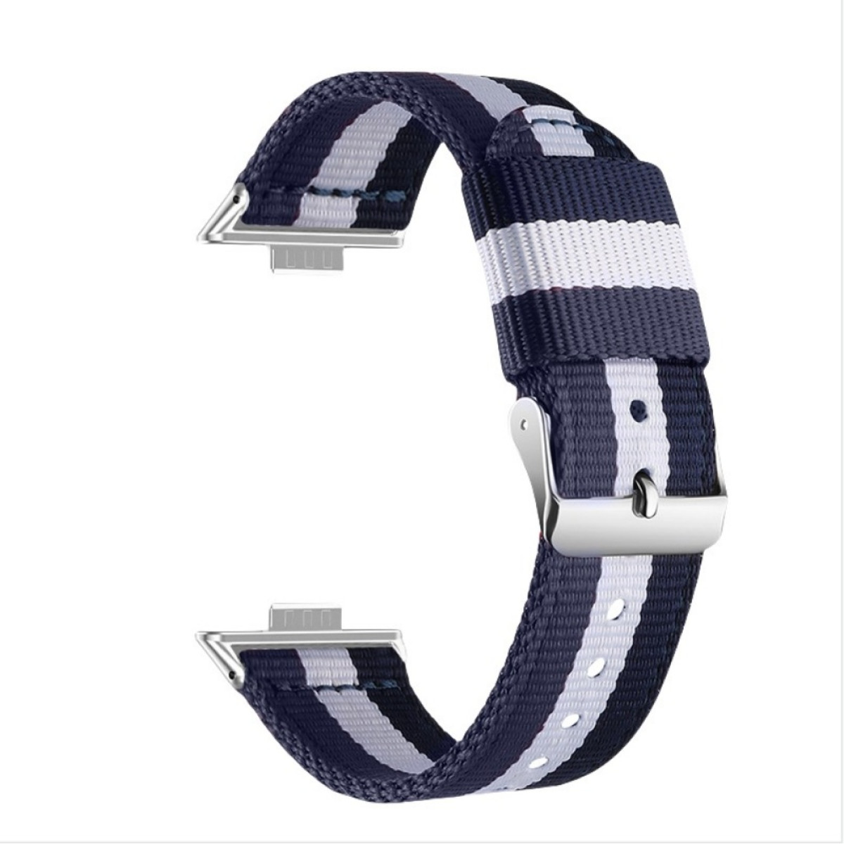 Un cinturino con strisce blu navy e bianche, fibbia e terminali in metallo argentato, su sfondo bianco.