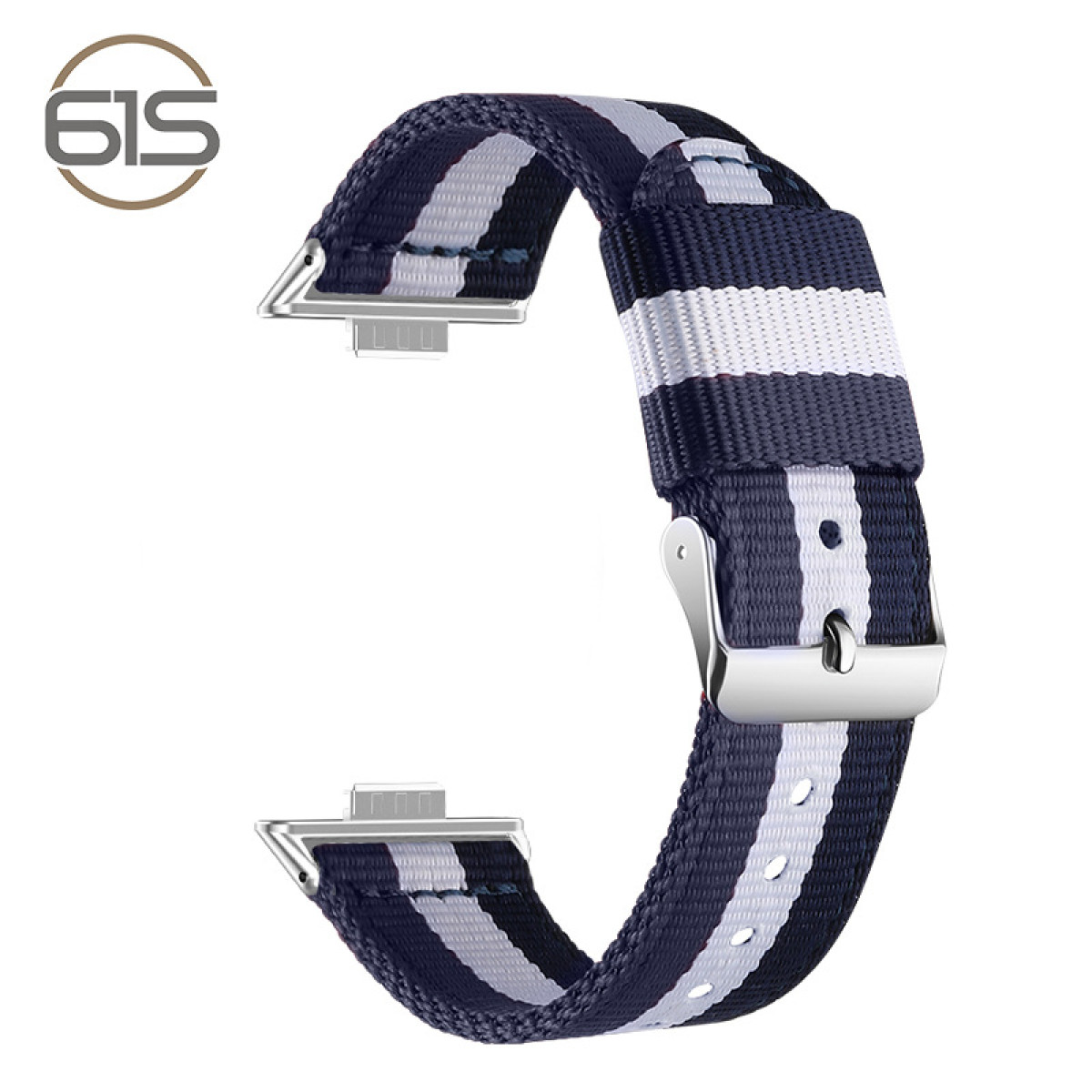 Un cinturino con strisce blu navy e bianche, fibbia e terminali in metallo argentato, su sfondo bianco.
