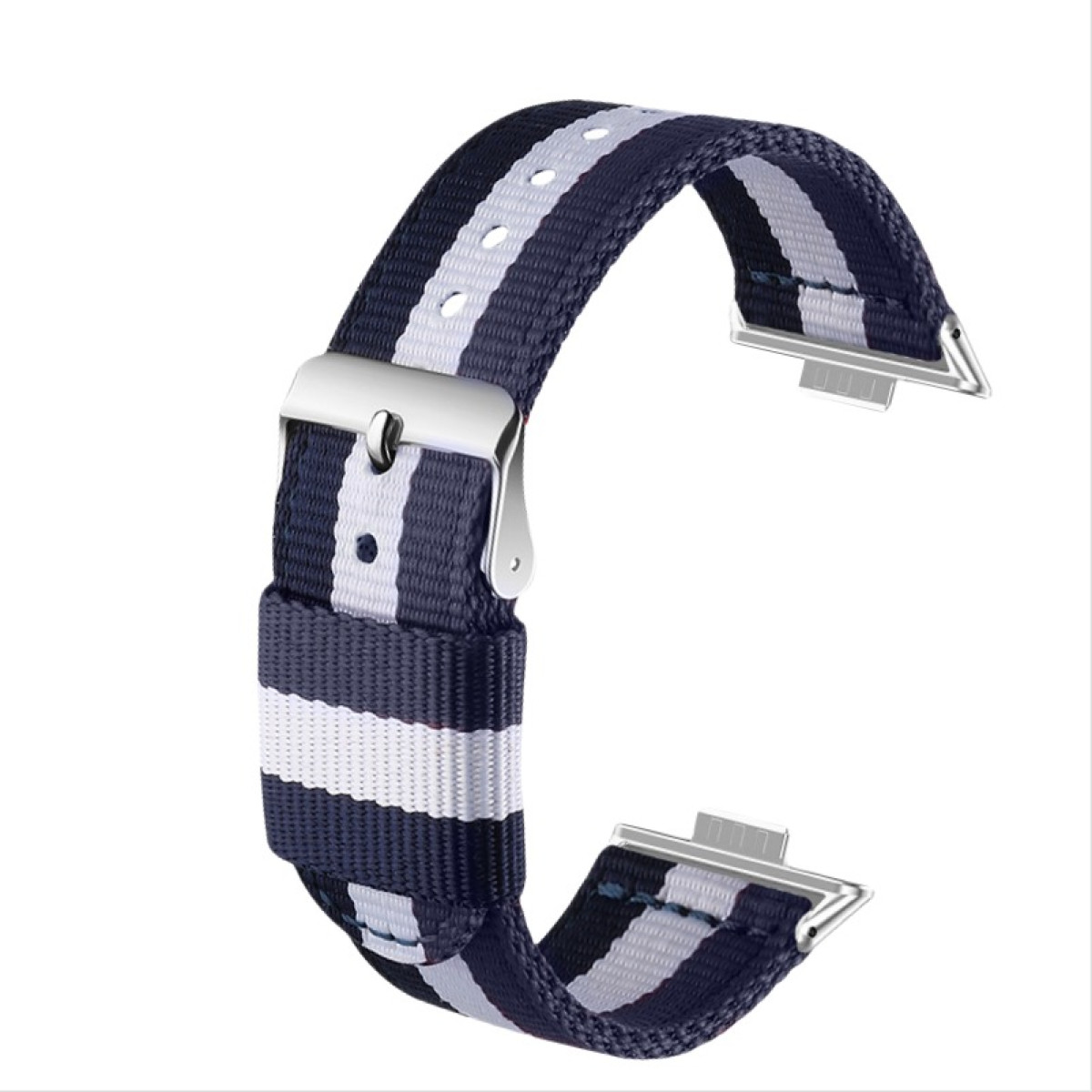 Un cinturino con strisce blu navy e bianche, fibbia e terminali in metallo argentato, su sfondo bianco.