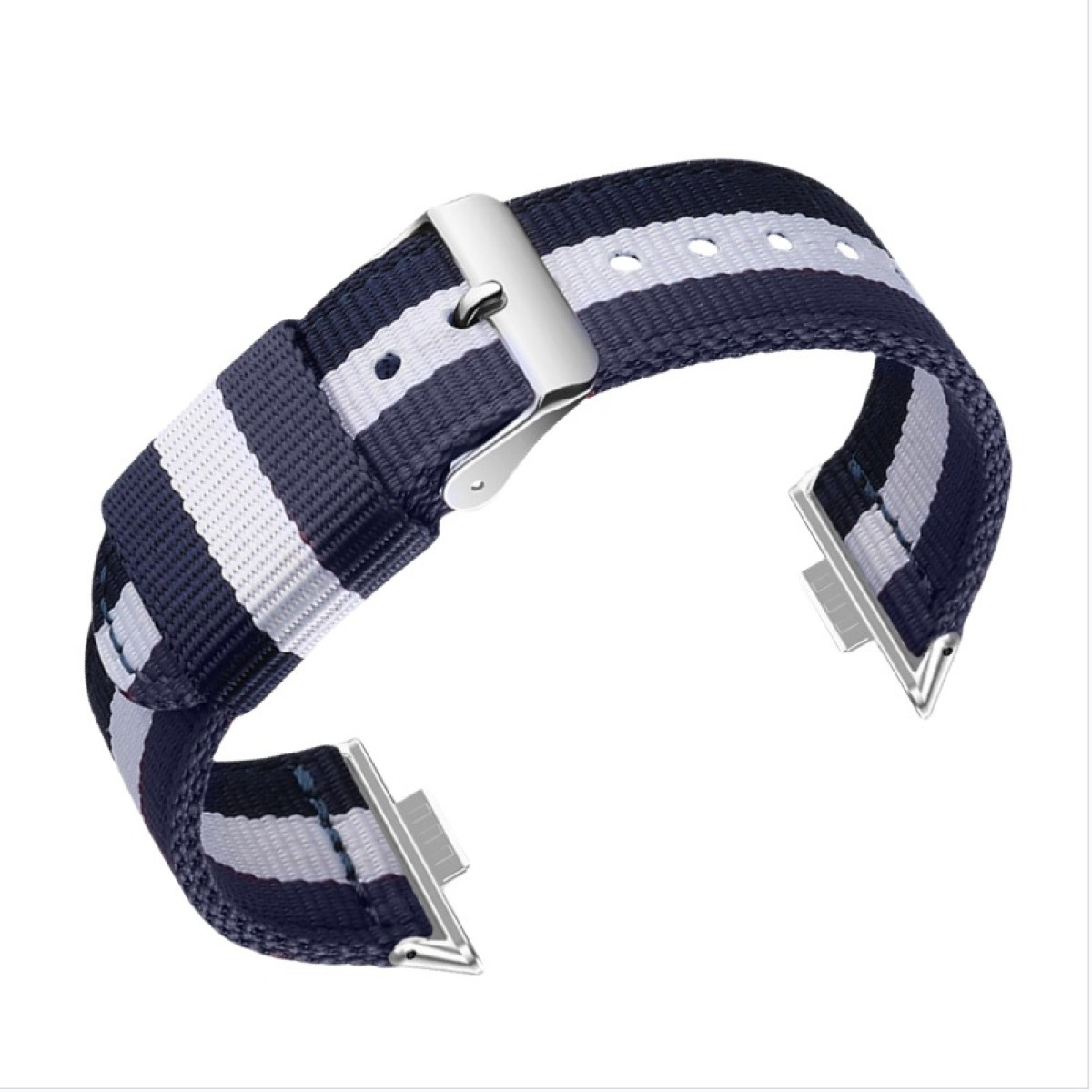 Un cinturino con strisce blu navy e bianche, fibbia e terminali in metallo argentato, su sfondo bianco.