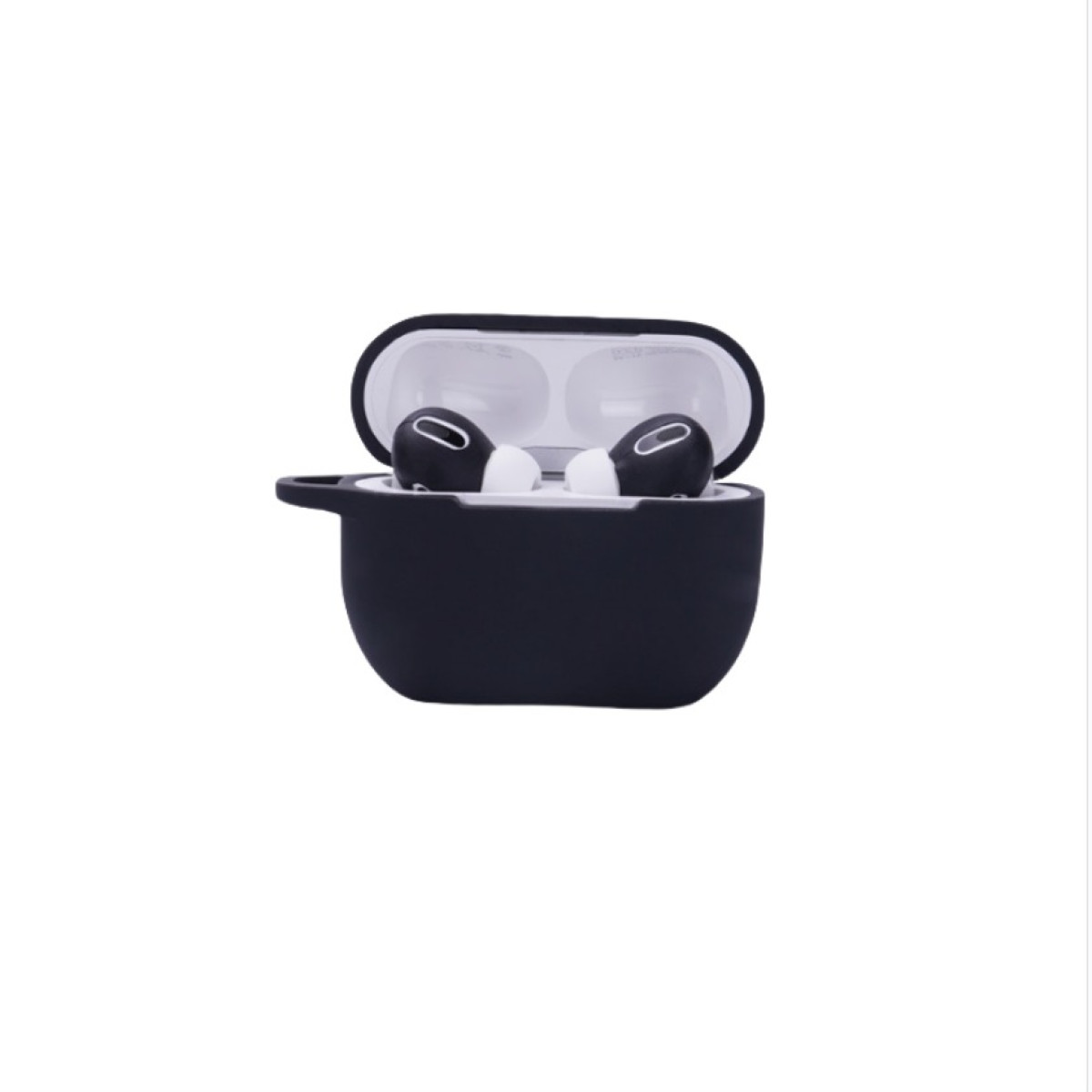 Auriculares negros en un estuche negro, sobre fondo blanco.