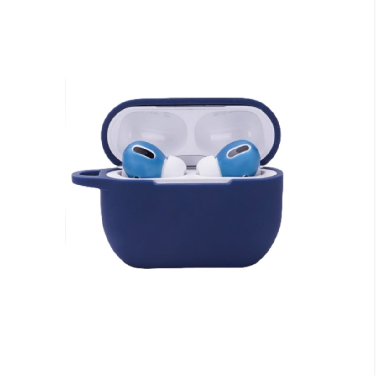Funda azul oscuro para AirPods con tapa abierta, que revela auriculares azules. Fondo blanco.