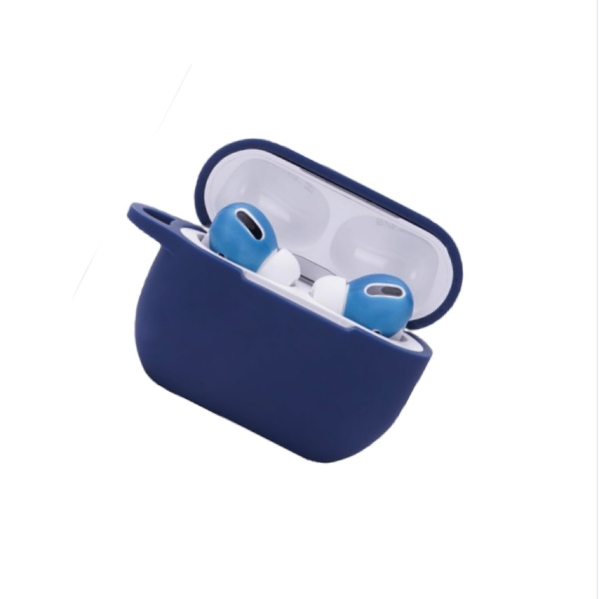 Funda AirPod azul oscuro en ángulo con tapa abierta, revelando auriculares azules. Fondo blanco.