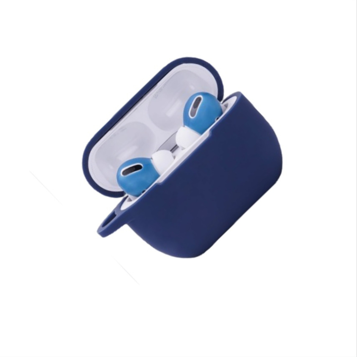 Funda azul oscuro para AirPods con tapa abierta, que revela auriculares azules. Fondo blanco.